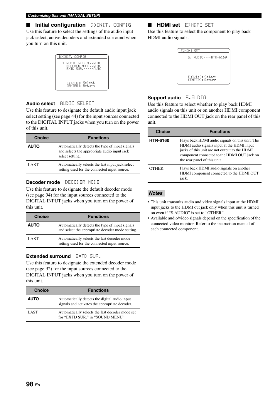 Initial configuration, Hdmi set | Yamaha HTR-6160 User Manual | Page 102 / 144