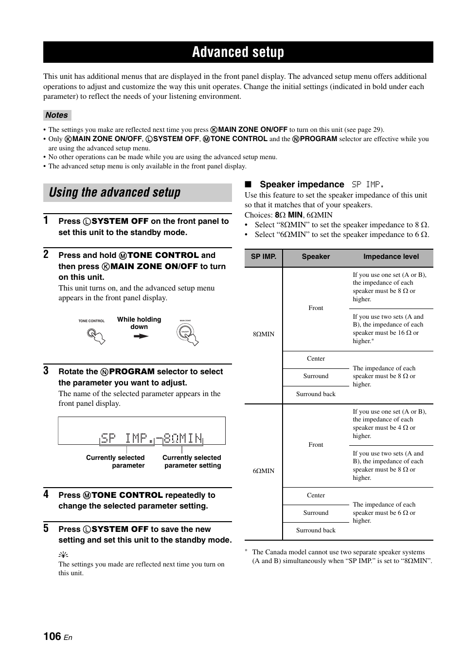 Advanced setup, Using the advanced setup, P. 106 | Sp imp min | Yamaha HTR-6160 User Manual | Page 110 / 144