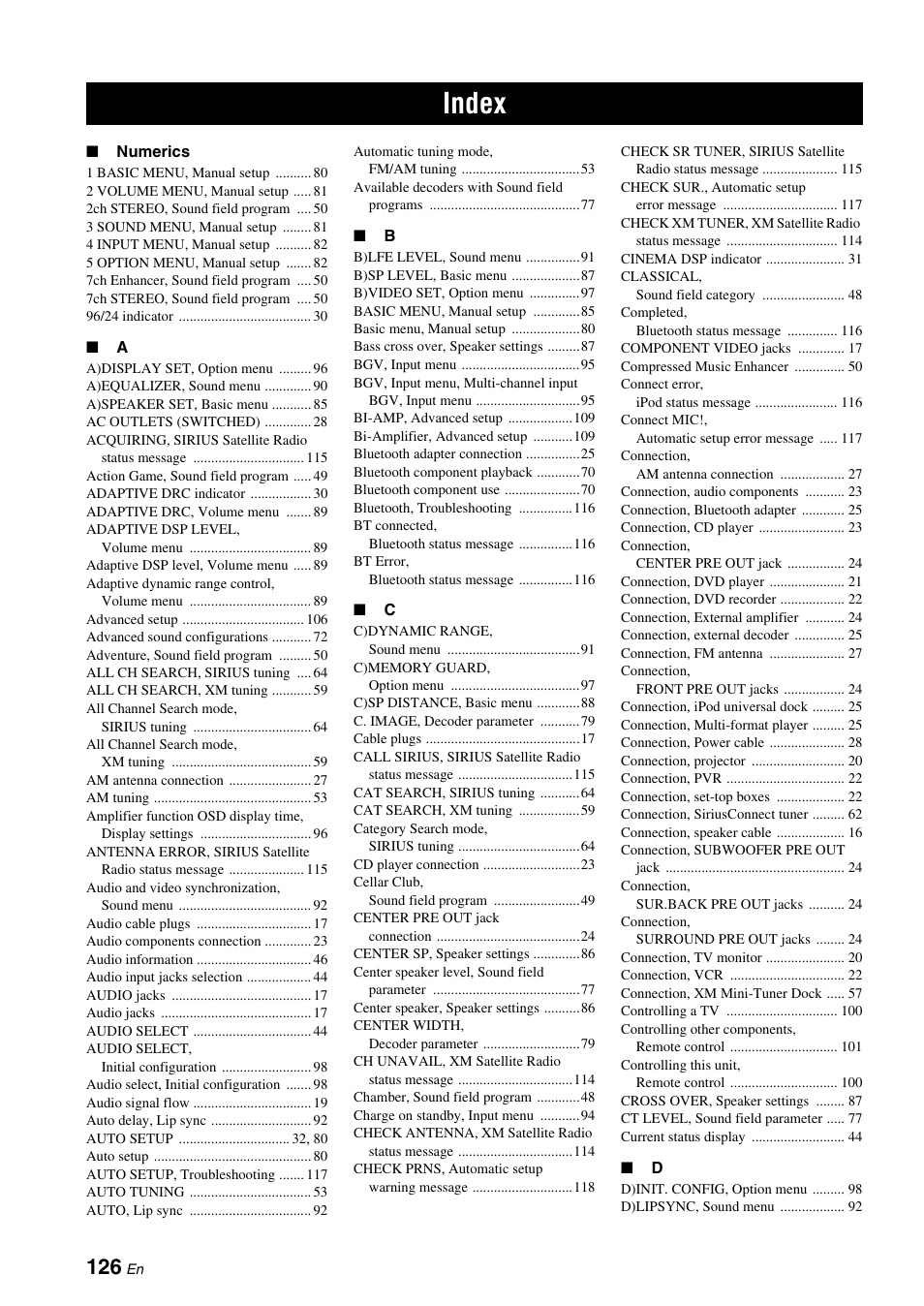 Index | Yamaha HTR-6160 User Manual | Page 130 / 144