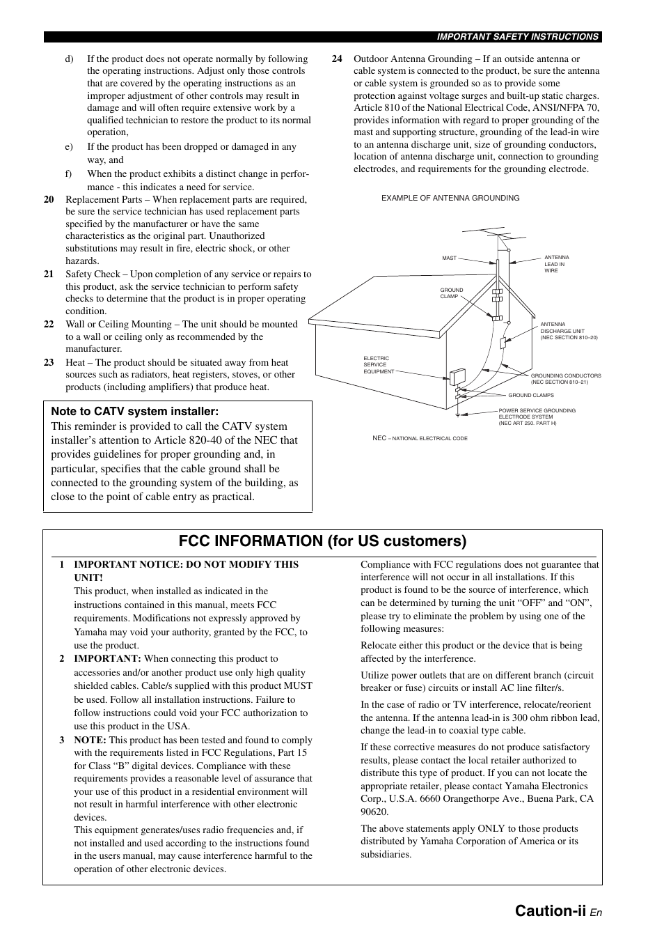 Caution-ii, Fcc information (for us customers) | Yamaha HTR-6160 User Manual | Page 3 / 144