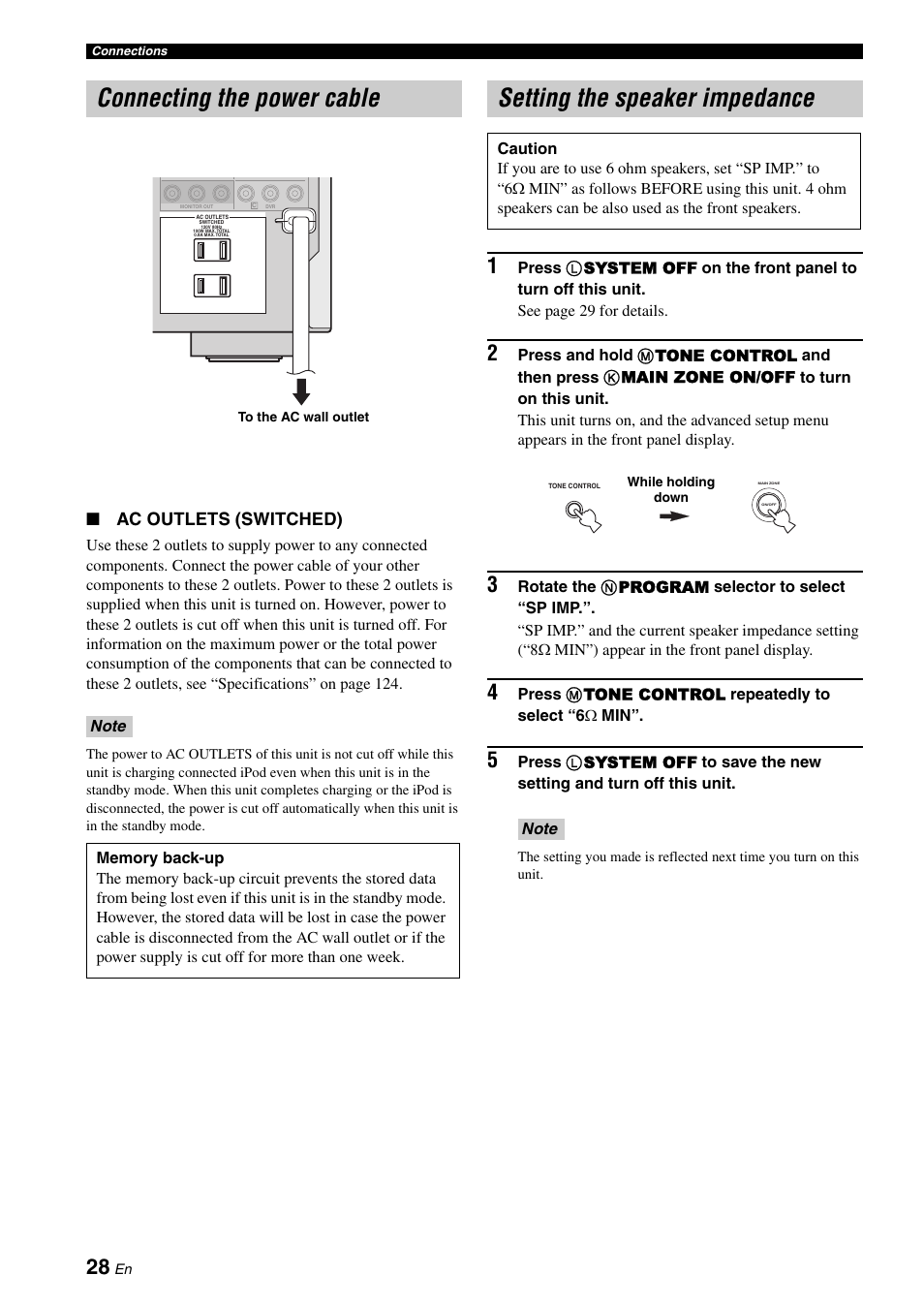 Connecting the power cable, Setting the speaker impedance, Ac outlets (switched) | Yamaha HTR-6160 User Manual | Page 32 / 144