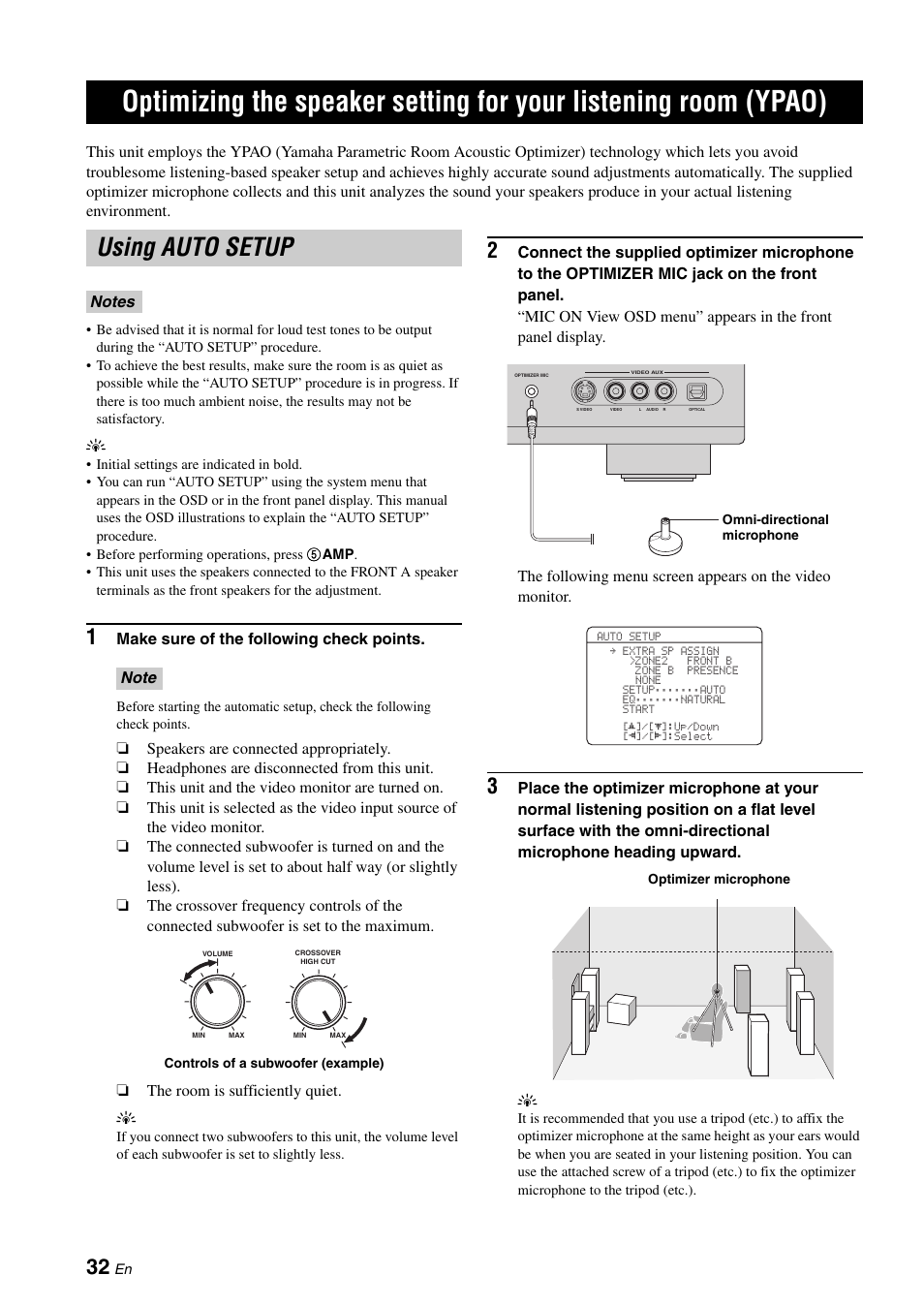 Using auto setup, Optimizing the speaker setting for your listening, Room (ypao) | P. 32 | Yamaha HTR-6160 User Manual | Page 36 / 144