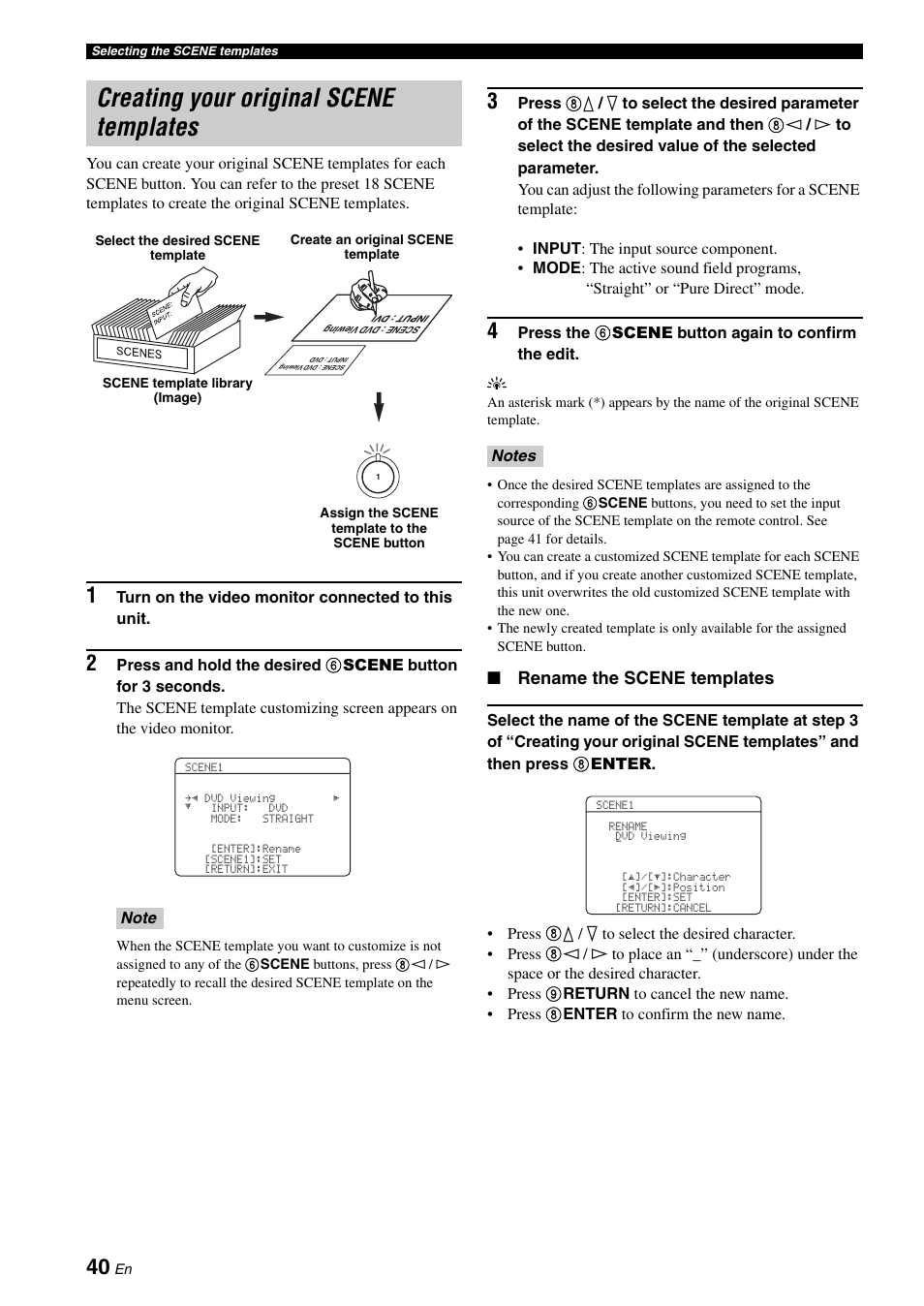 Creating your original scene templates, P. 40, Rename the scene templates | Yamaha HTR-6160 User Manual | Page 44 / 144