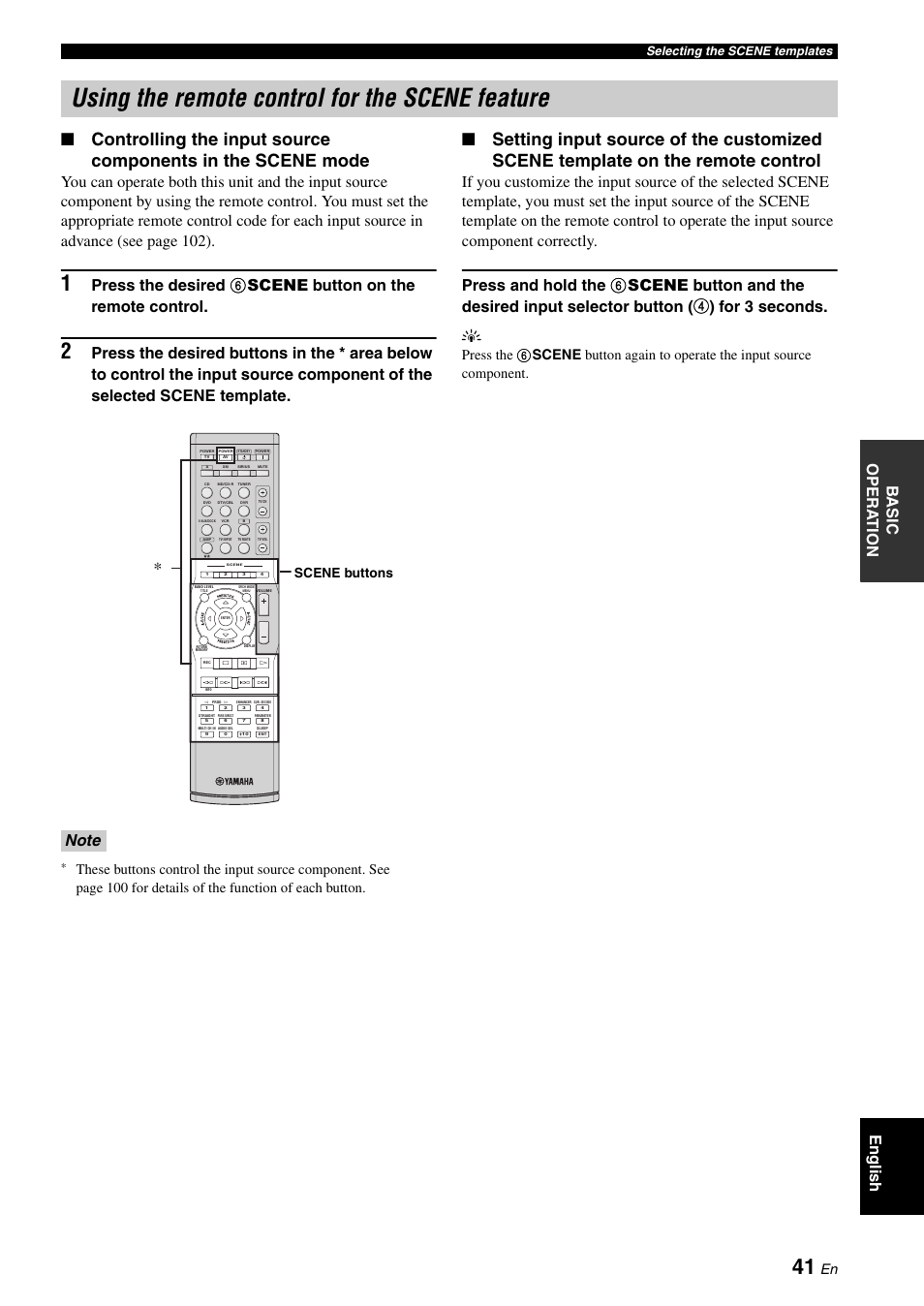 Using the remote control for the scene feature, Ba s ic opera t ion english, Scene buttons | Selecting the scene templates | Yamaha HTR-6160 User Manual | Page 45 / 144