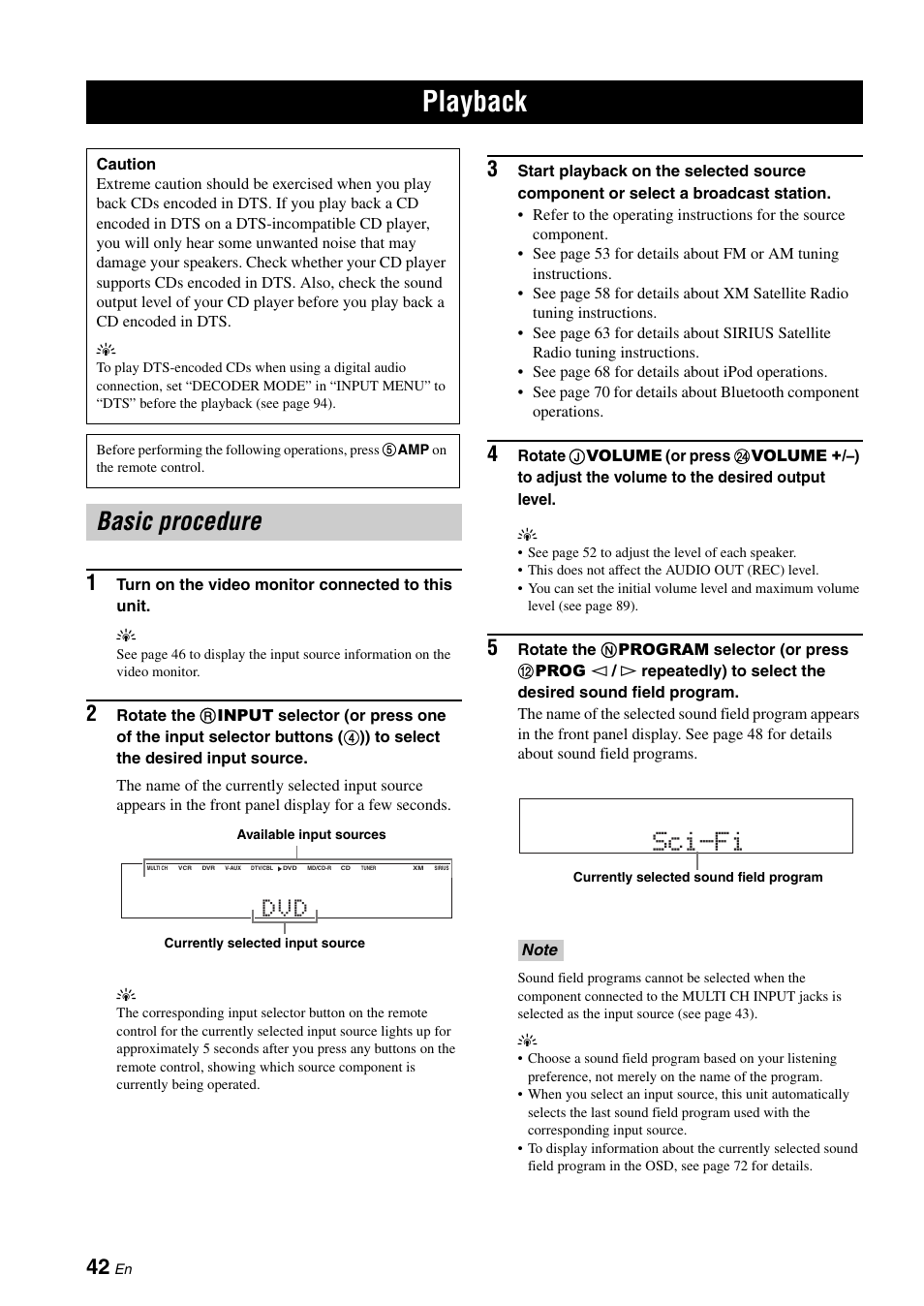 Playback, Basic procedure, P. 42 | Sci-fi | Yamaha HTR-6160 User Manual | Page 46 / 144