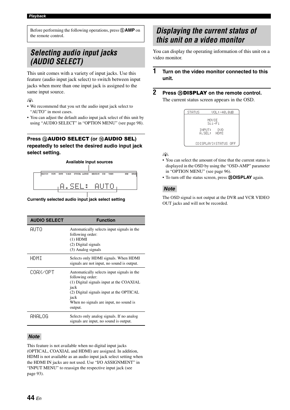 Selecting audio input jacks (audio select), Monitor, A.sel: auto | Yamaha HTR-6160 User Manual | Page 48 / 144