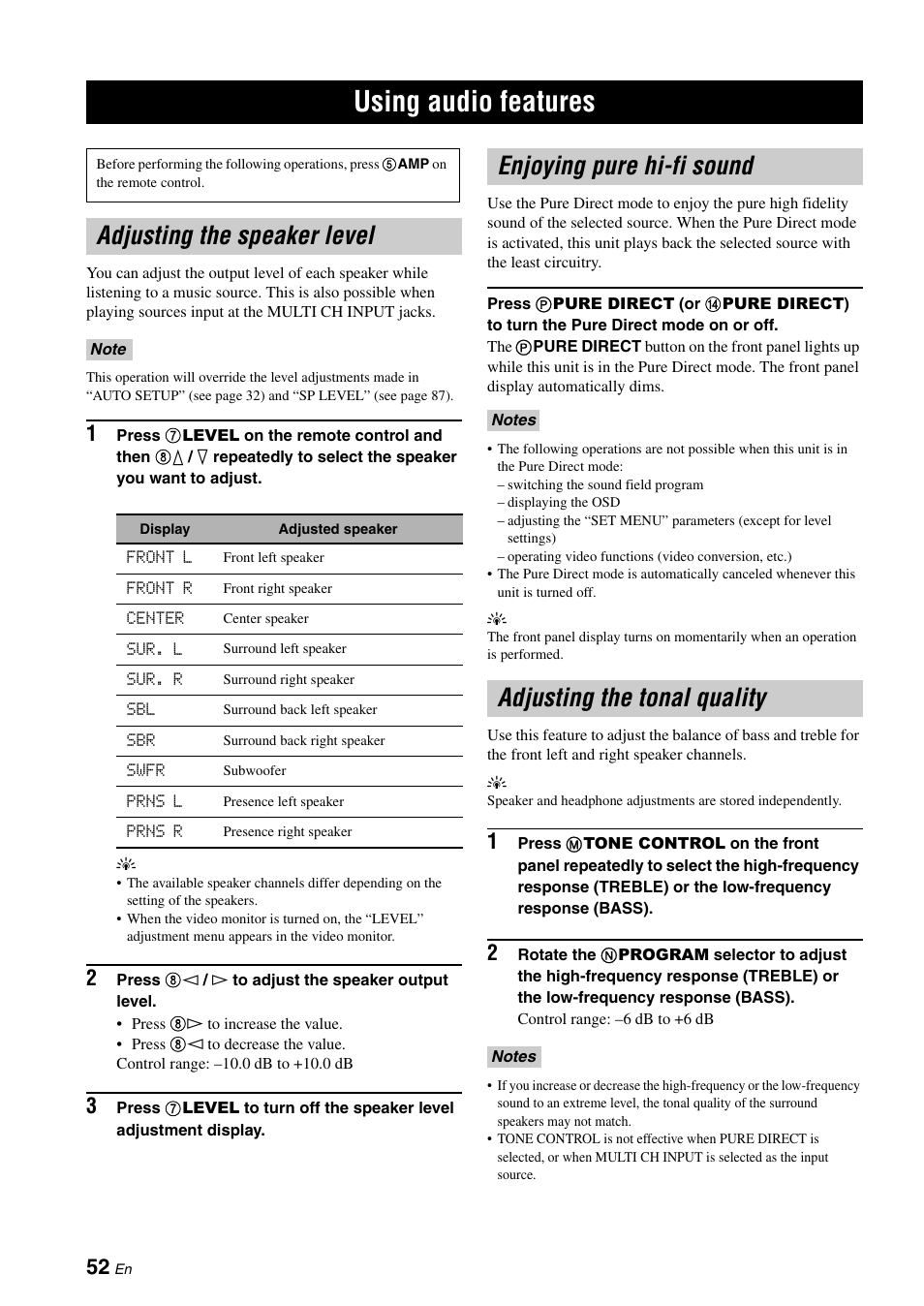 Using audio features, Adjusting the speaker level, Enjoying pure hi-fi sound | Adjusting the tonal quality, P. 52, Ect” (see | Yamaha HTR-6160 User Manual | Page 56 / 144