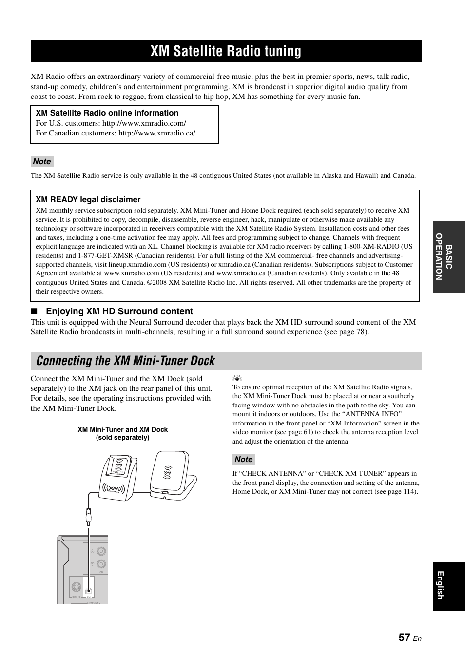 Xm satellite radio tuning, Connecting the xm mini-tuner dock, P. 57 | Enjoying xm hd surround content | Yamaha HTR-6160 User Manual | Page 61 / 144