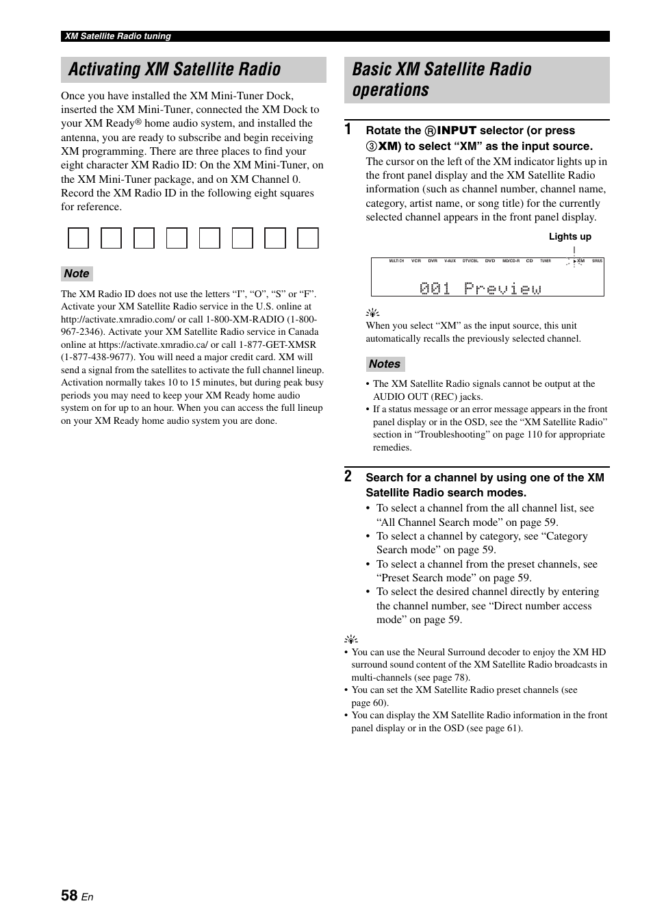 Activating xm satellite radio, Basic xm satellite radio operations, 001 preview | Yamaha HTR-6160 User Manual | Page 62 / 144