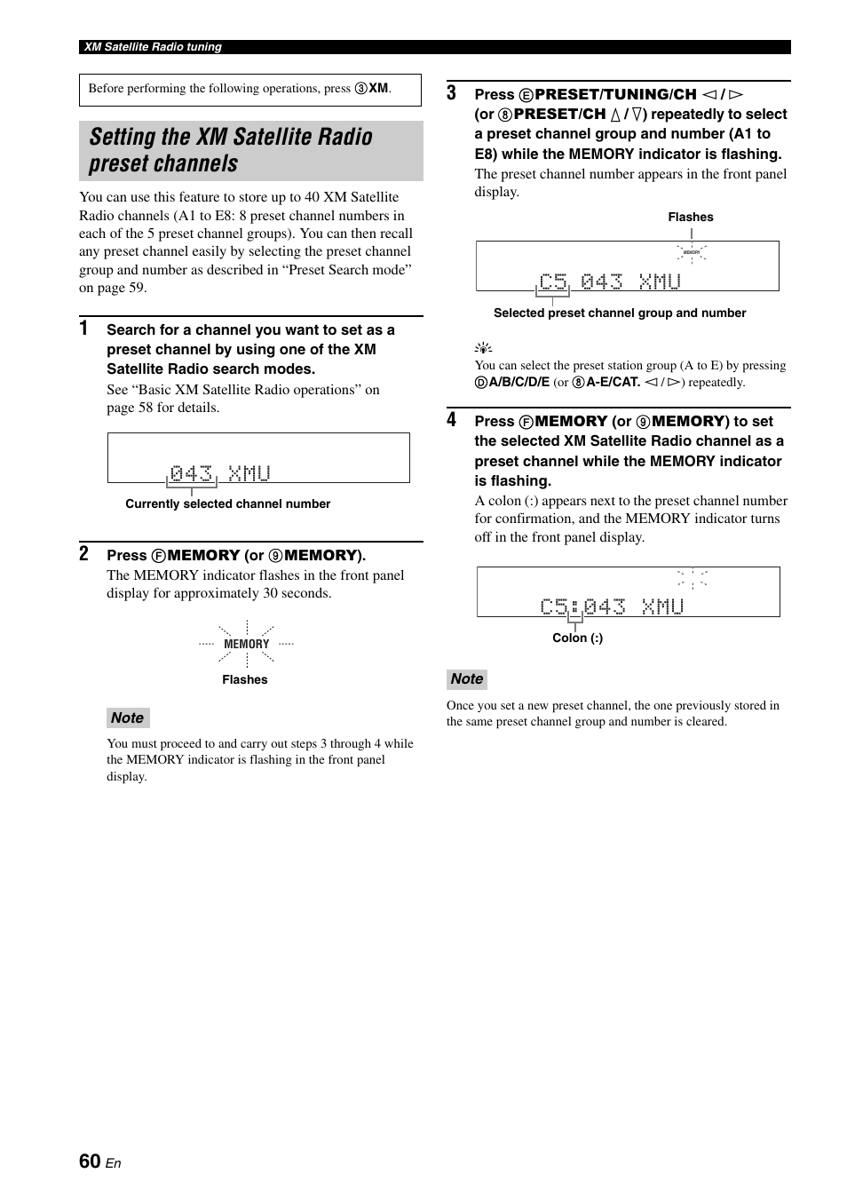 Setting the xm satellite radio preset channels, Setting the xm satellite radio, Preset channels | Ls (see, 043 xmu, C5 043 xmu, C5:043 xmu | Yamaha HTR-6160 User Manual | Page 64 / 144