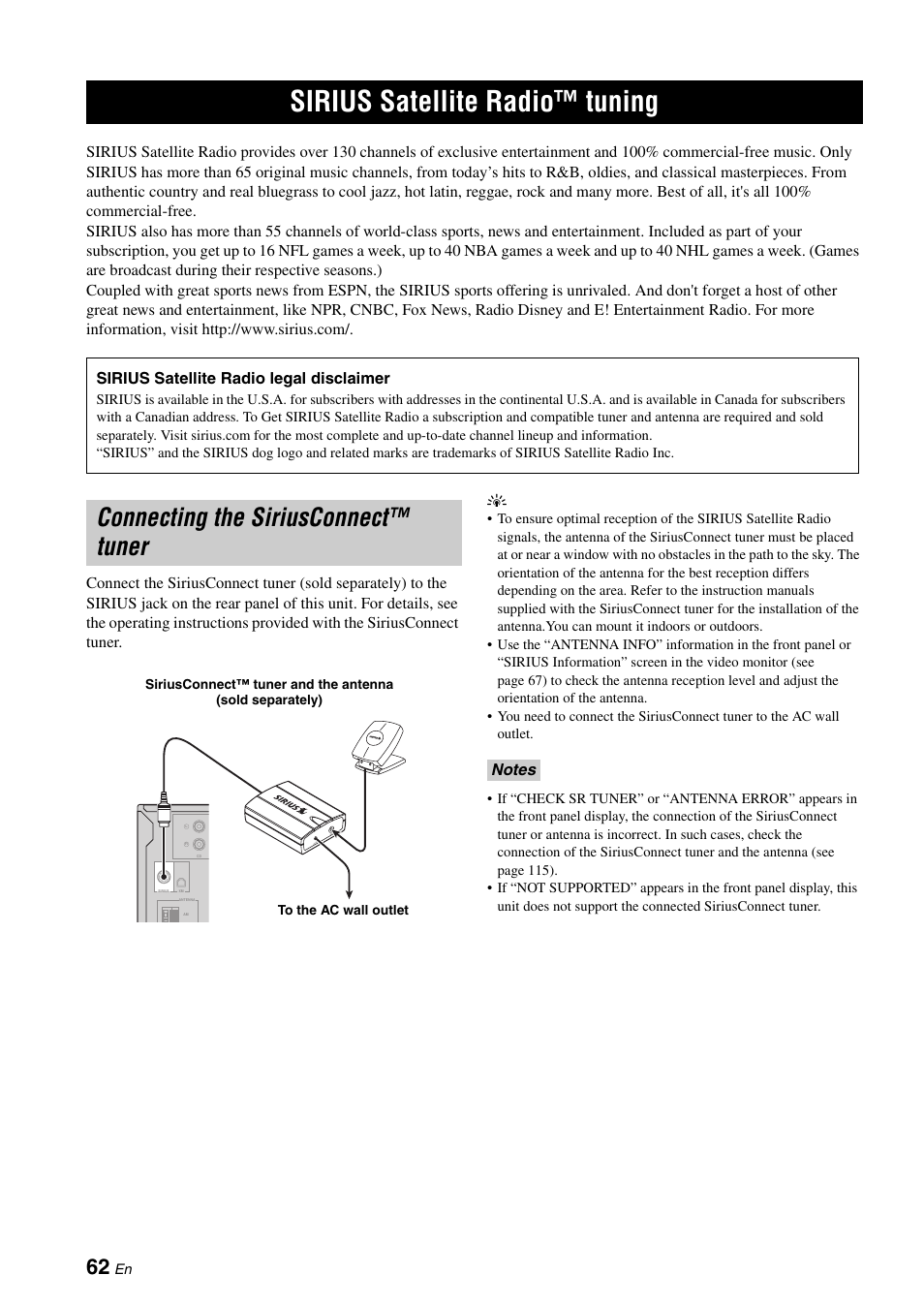 Sirius satellite radio™ tuning, Connecting the siriusconnect™ tuner, P. 62 | Yamaha HTR-6160 User Manual | Page 66 / 144