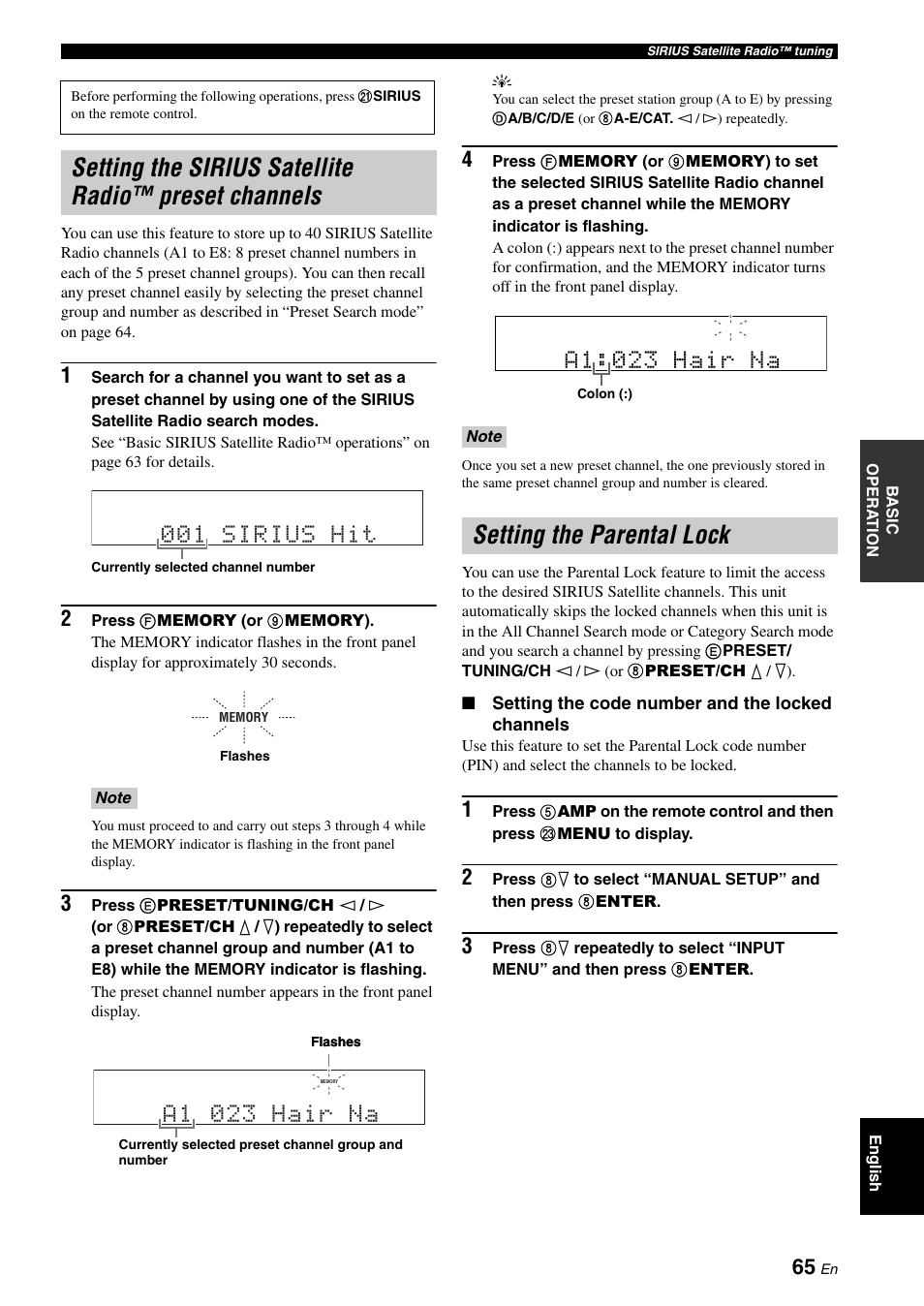 Setting the parental lock, Setting the sirius satellite radio, Preset channels | Annels (see, 001 sirius hit, A1 023 hair na, A1:023 hair na | Yamaha HTR-6160 User Manual | Page 69 / 144