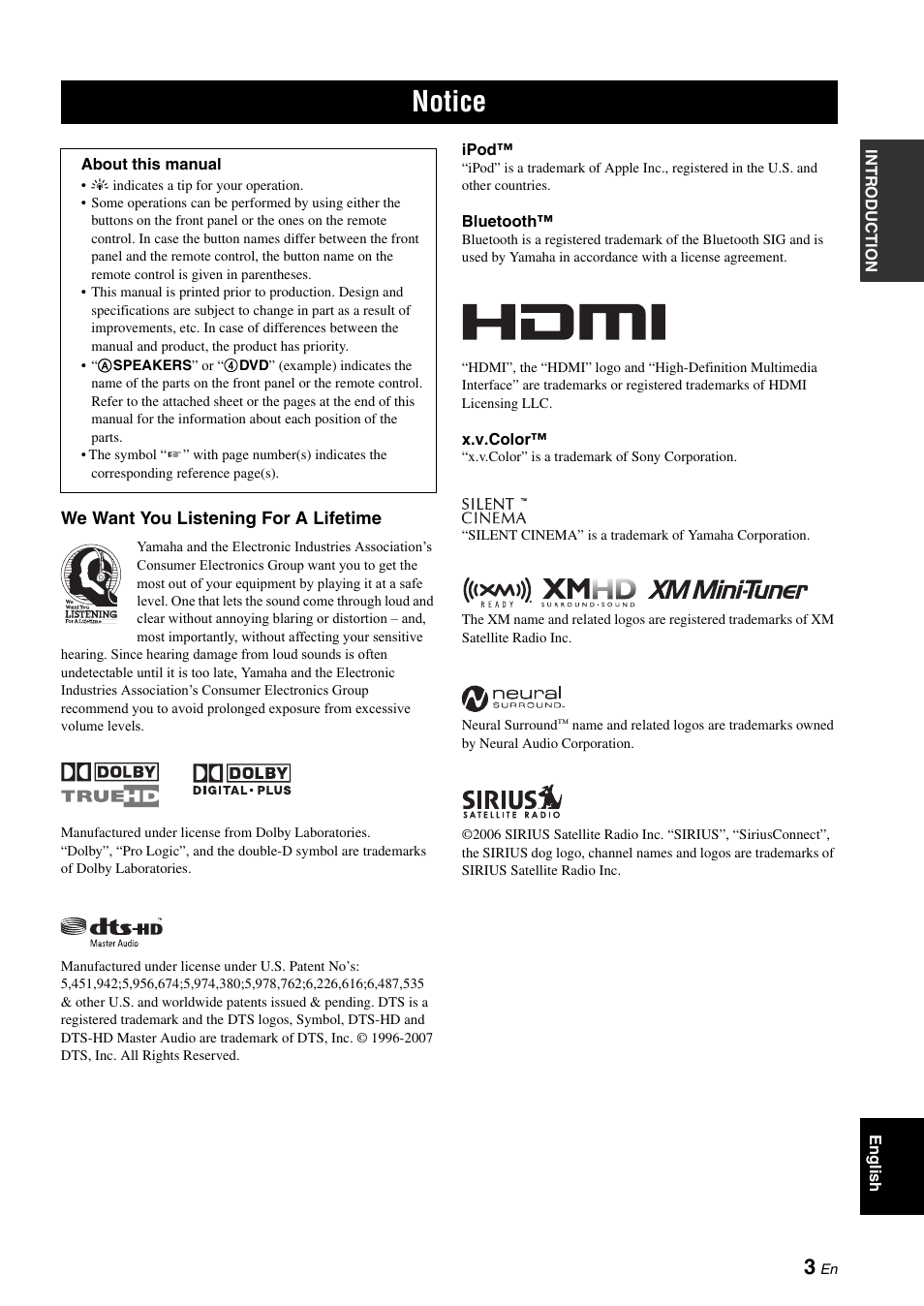 Notice | Yamaha HTR-6160 User Manual | Page 7 / 144