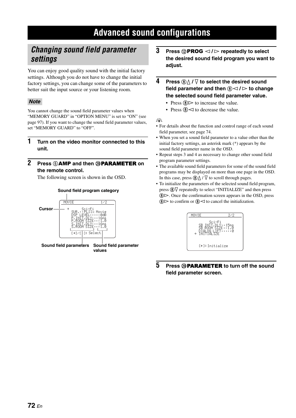 Advanced sound configurations, Changing sound field parameter settings, P. 72 | Yamaha HTR-6160 User Manual | Page 76 / 144