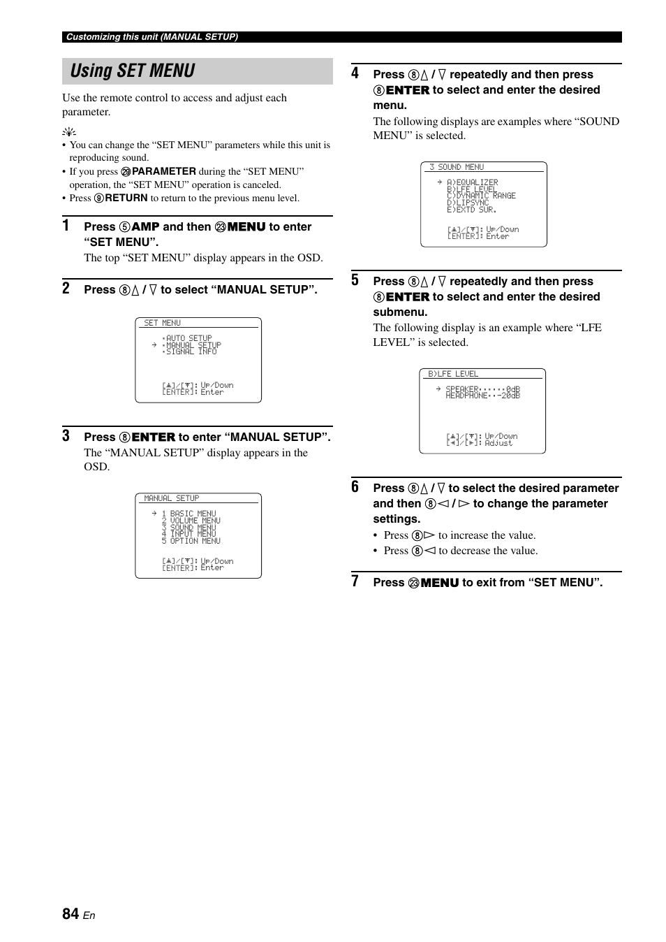 Using set menu | Yamaha HTR-6160 User Manual | Page 88 / 144