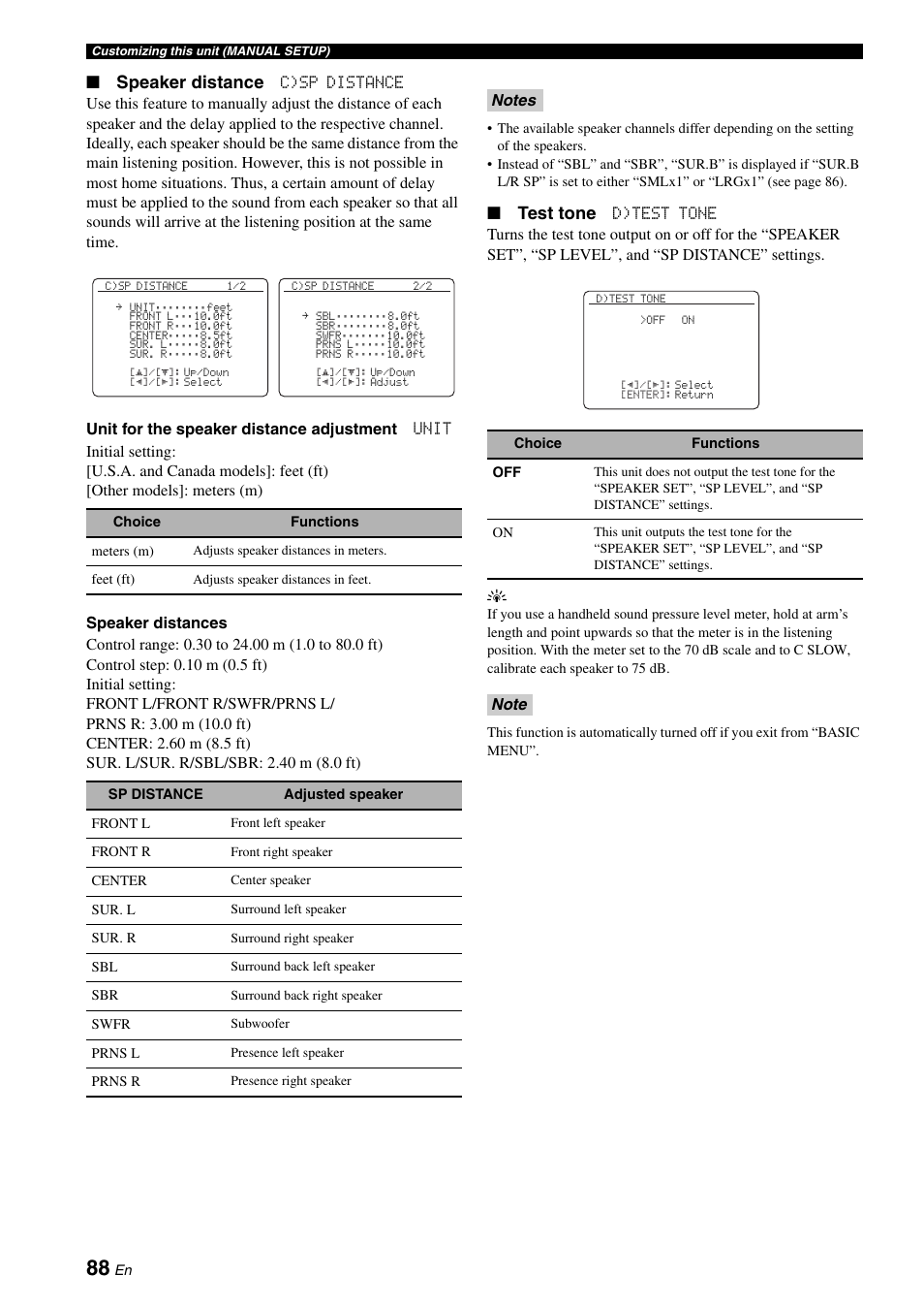 Speaker distance, Test tone | Yamaha HTR-6160 User Manual | Page 92 / 144