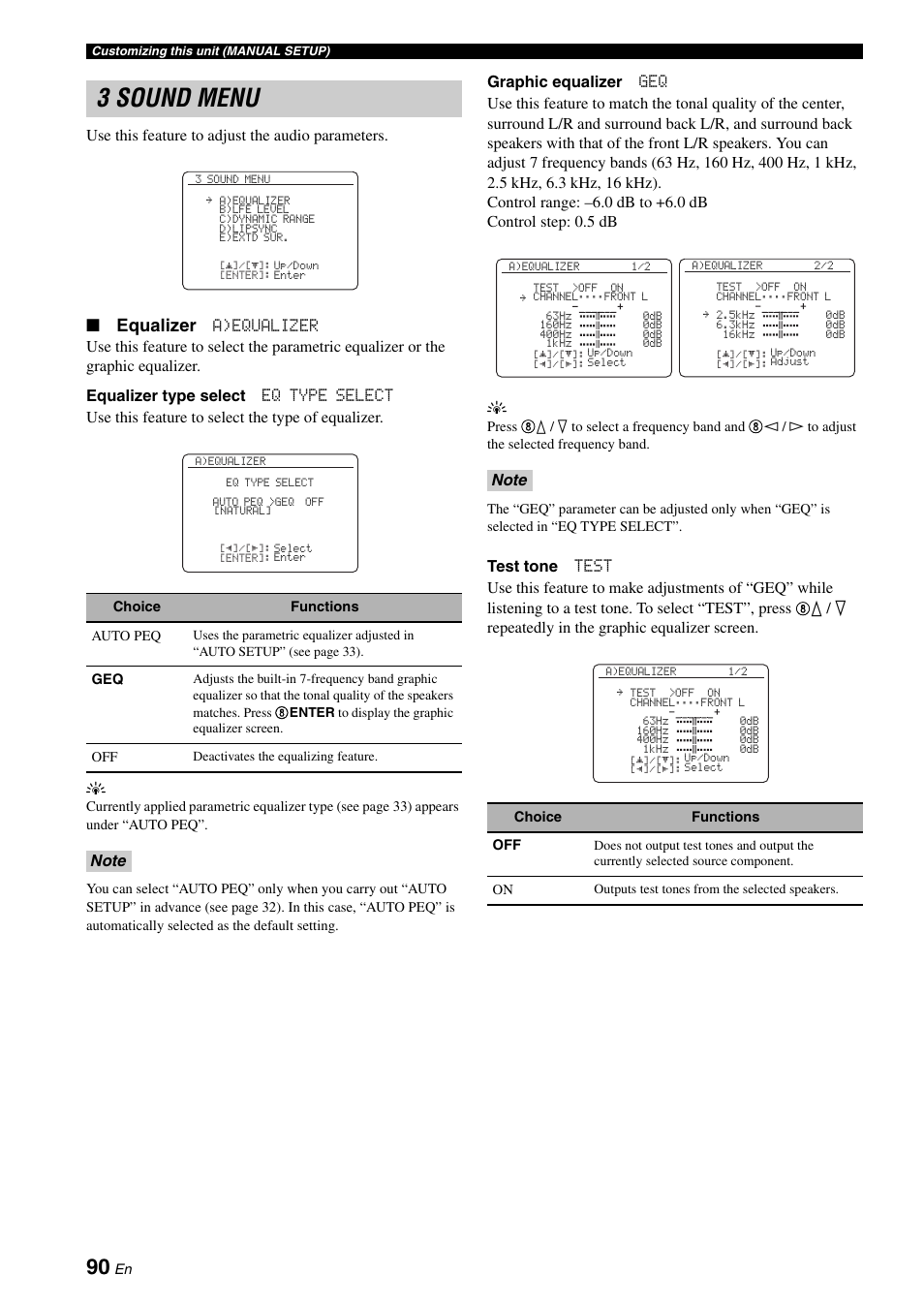 3 sound menu, Equalizer, Use this feature to adjust the audio parameters | K / n repeatedly in the graphic equalizer screen | Yamaha HTR-6160 User Manual | Page 94 / 144