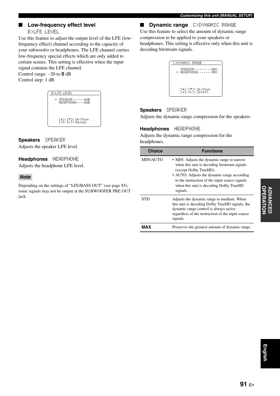 Low-frequency effect level, Dynamic range | Yamaha HTR-6160 User Manual | Page 95 / 144