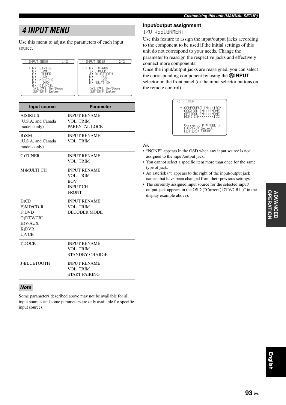 4 input menu | Yamaha HTR-6160 User Manual | Page 97 / 144