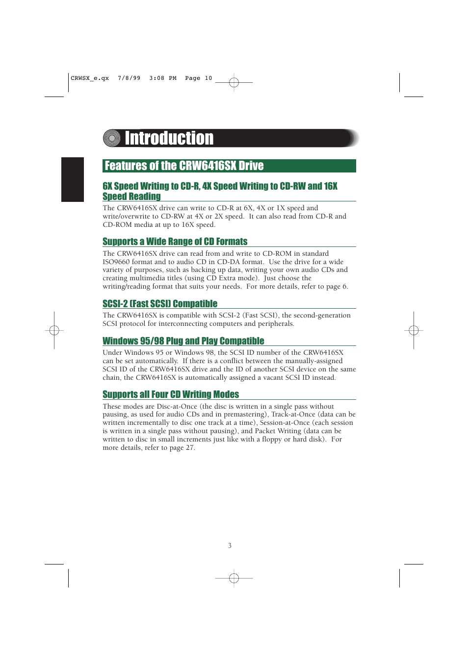 Introduction, Features of the crw6416sx drive | Yamaha CD-R/RW Drive CRW6416SX User Manual | Page 10 / 42