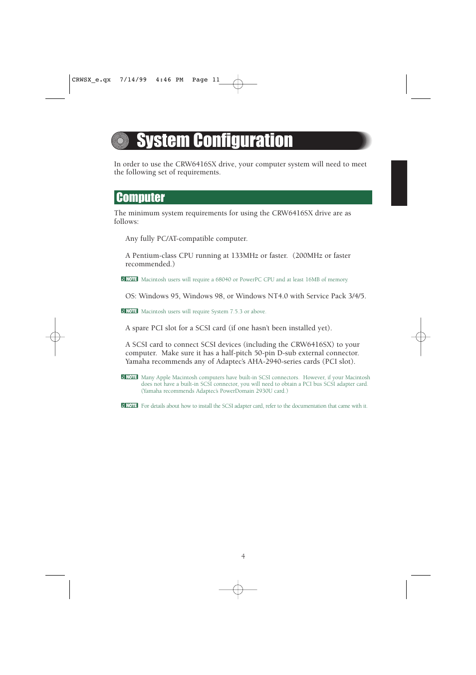 System configuration, Computer | Yamaha CD-R/RW Drive CRW6416SX User Manual | Page 11 / 42