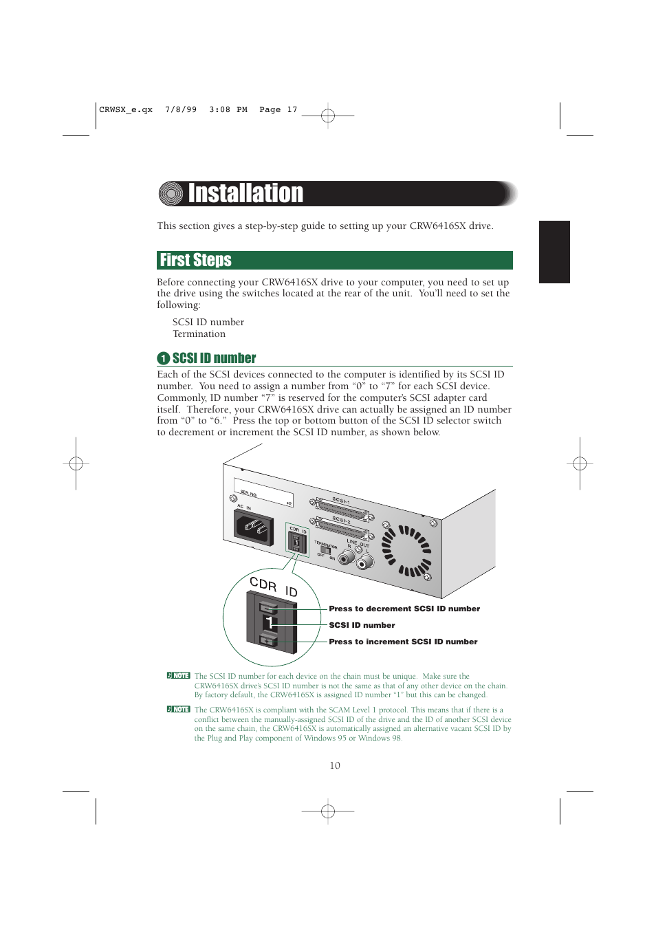 Installation, First steps, 1 scsi id number | Yamaha CD-R/RW Drive CRW6416SX User Manual | Page 17 / 42