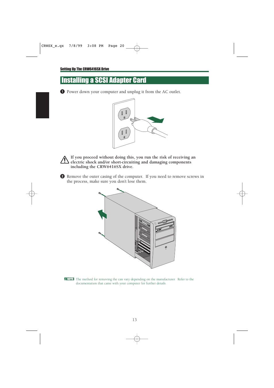 Installing a scsi adapter card | Yamaha CD-R/RW Drive CRW6416SX User Manual | Page 20 / 42