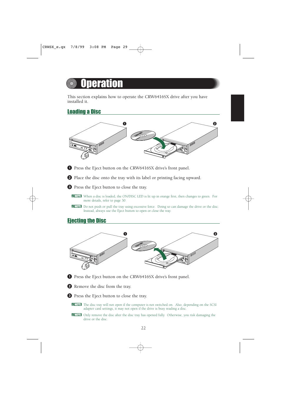 Operation, Loading a disc, Ejecting the disc | Yamaha CD-R/RW Drive CRW6416SX User Manual | Page 29 / 42