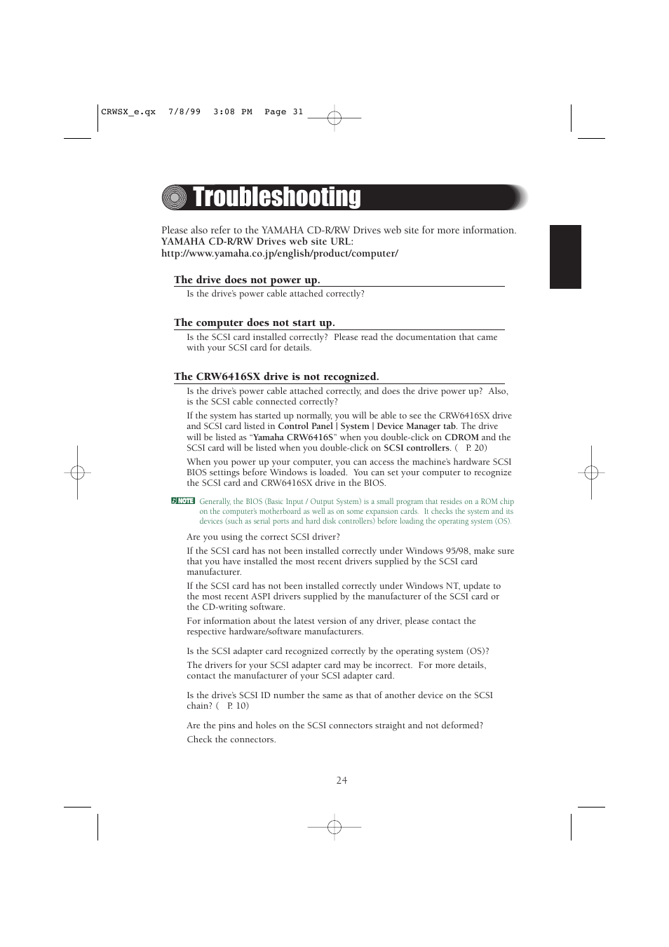 Troubleshooting | Yamaha CD-R/RW Drive CRW6416SX User Manual | Page 31 / 42