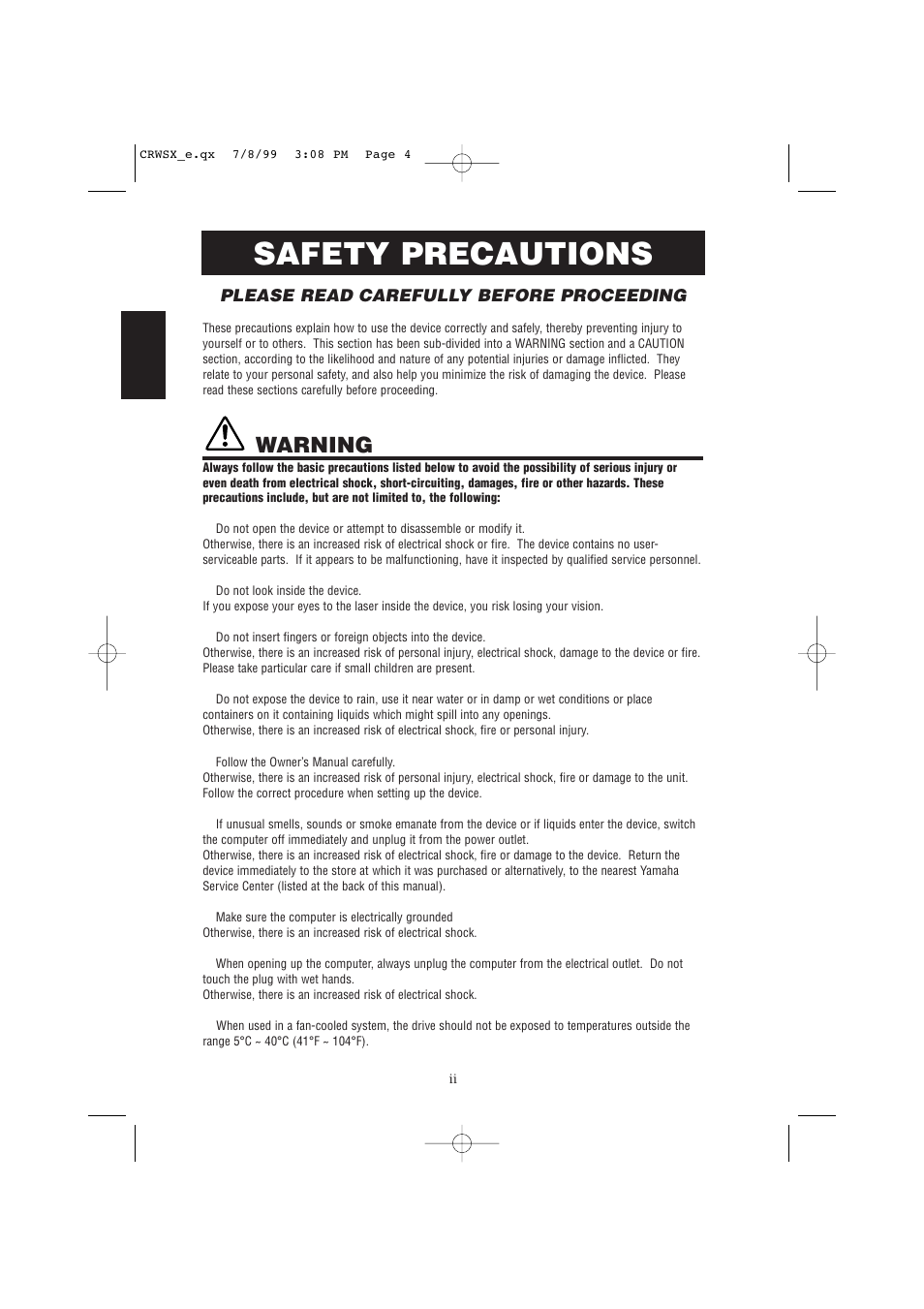Safety precautions, Warning | Yamaha CD-R/RW Drive CRW6416SX User Manual | Page 4 / 42