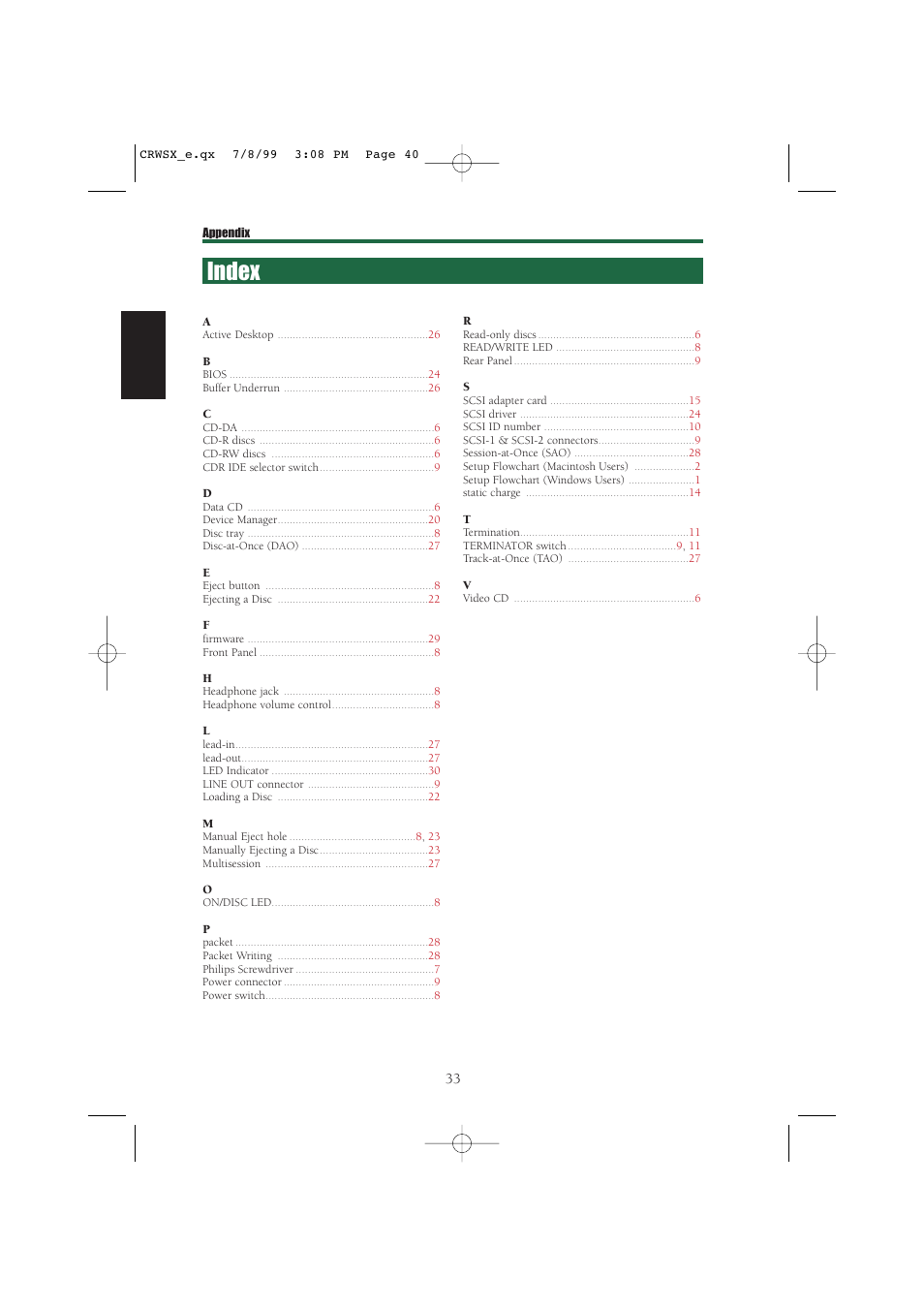 Index | Yamaha CD-R/RW Drive CRW6416SX User Manual | Page 40 / 42