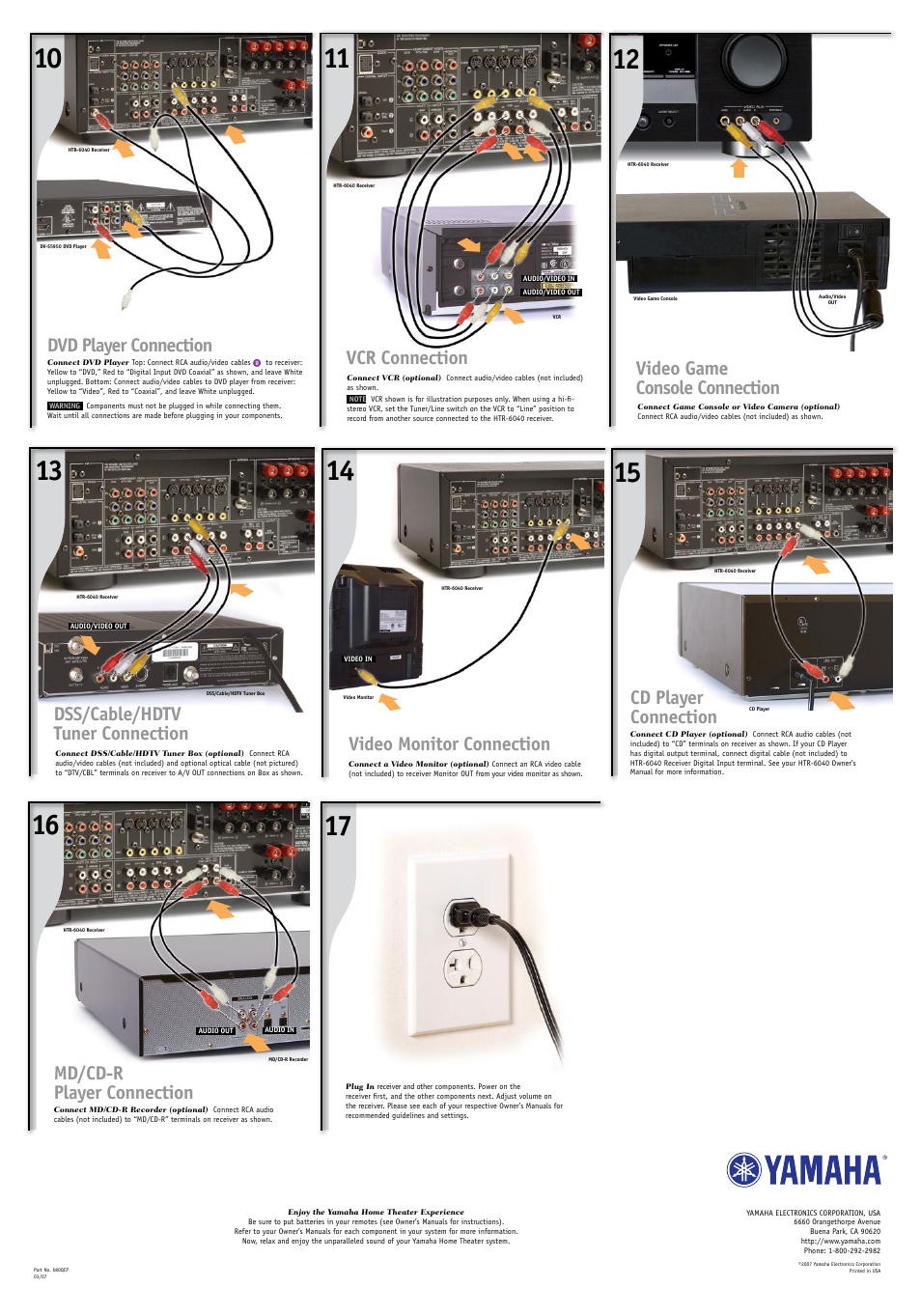 Vcr connection, Dss/cable/hdtv tuner connection, Video game console connection | Video monitor connection, Dvd player connection, Md/cd-r player connection, Cd player connection | Yamaha HTR-6040 User Manual | Page 2 / 2