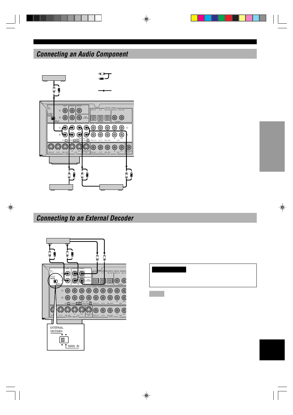 Connecting an audio component, Connecting to an external decoder, External decoder | Cd player tape deck or md recorder, Connections | Yamaha DSP-E800 User Manual | Page 11 / 38