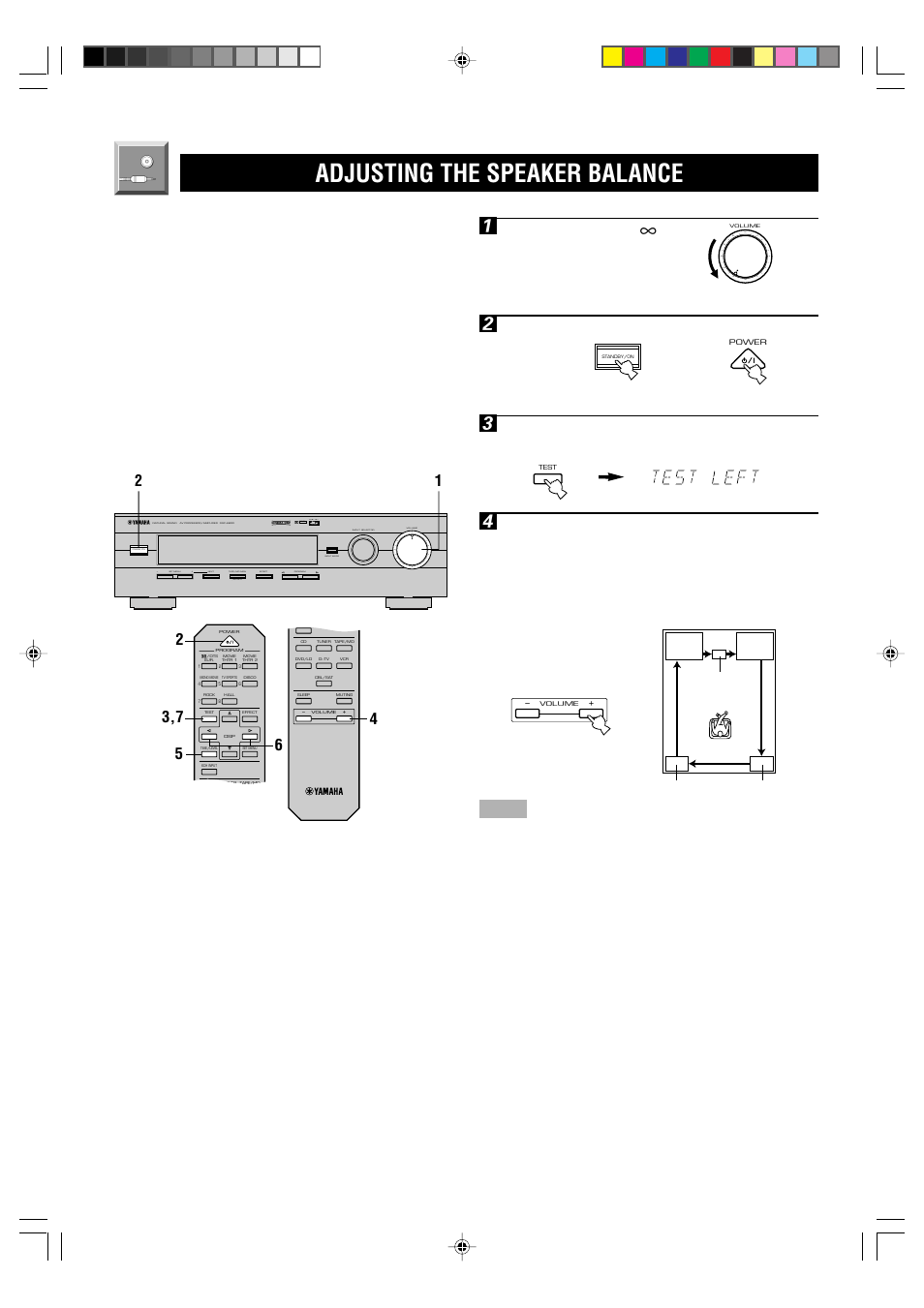 Adjusting the speaker balance, E-14 1, Set volume to the “ m ” position | Turn the power on, Press test. “test left” appears on the display | Yamaha DSP-E800 User Manual | Page 16 / 38