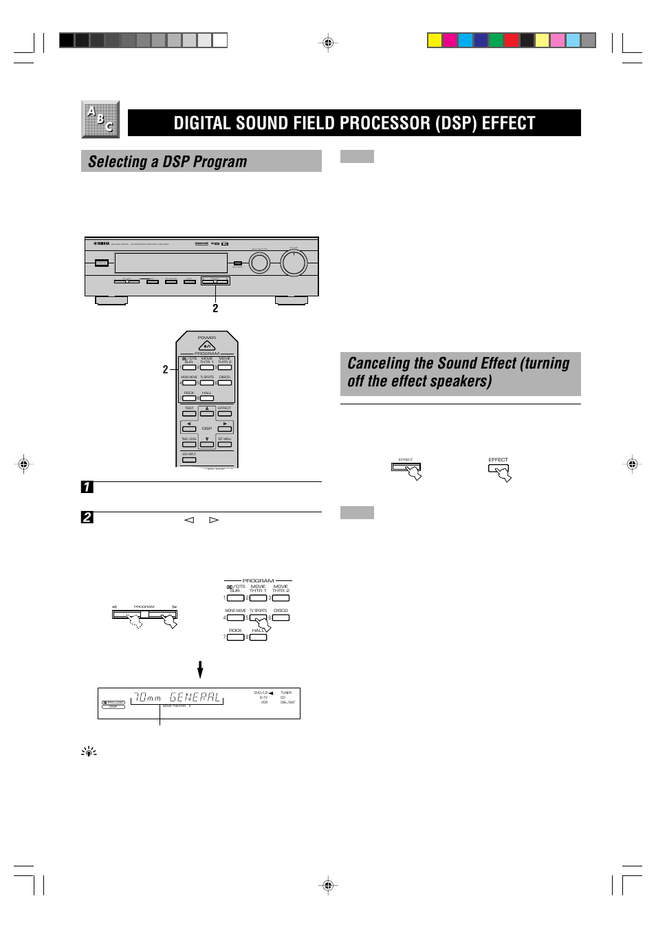 Digital sound field processor (dsp) effect, E-20, Selecting a dsp program | Yamaha DSP-E800 User Manual | Page 22 / 38