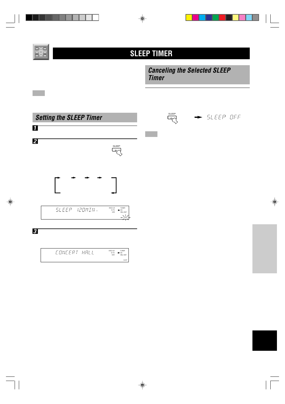 Sleep timer, E-31, Setting the sleep timer 1 | Canceling the selected sleep timer | Yamaha DSP-E800 User Manual | Page 33 / 38