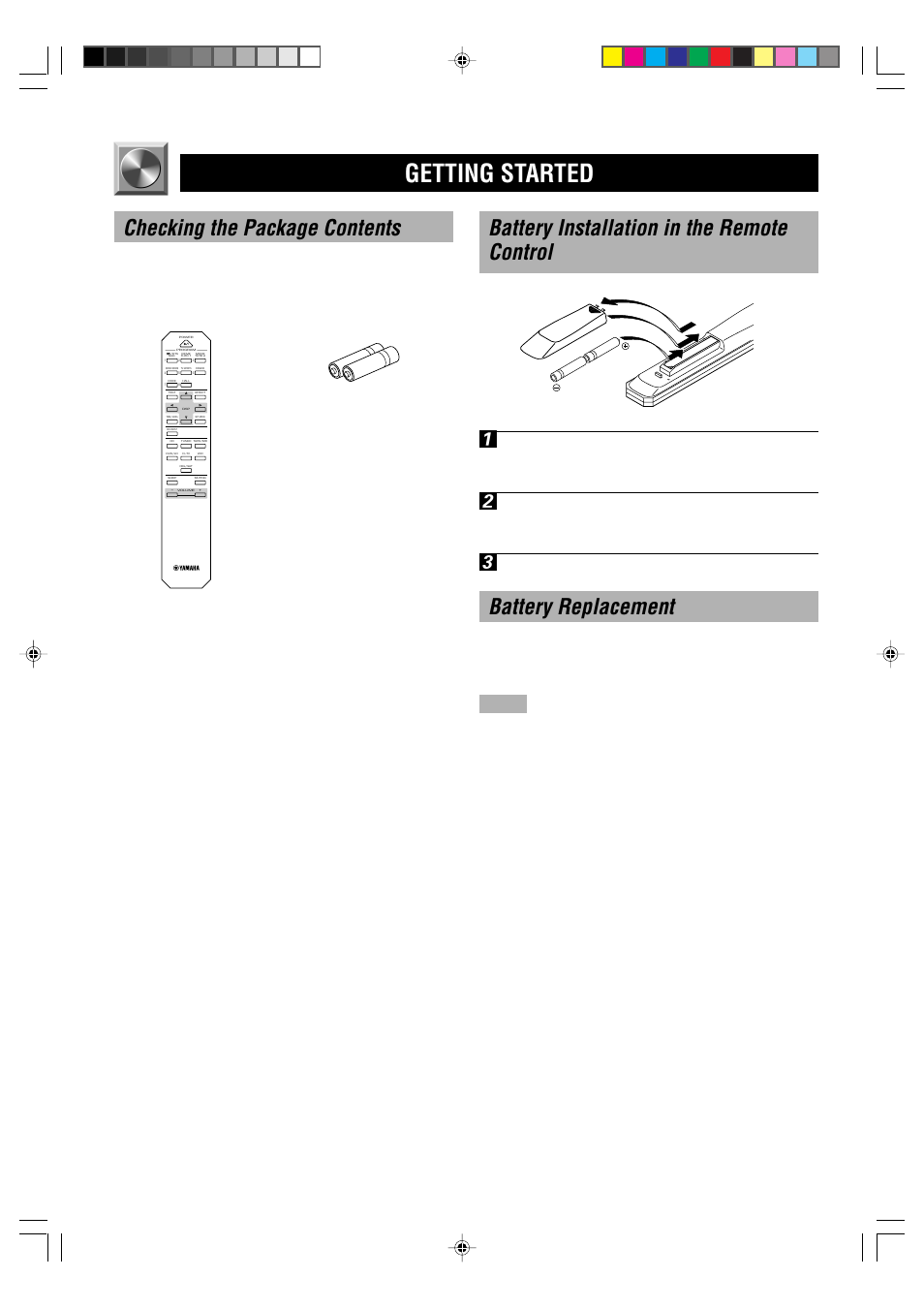 Getting started, Battery installation in the remote control 1, Battery replacement | Checking the package contents, Close the battery compartment cover, Remote control batteries (r6 type) | Yamaha DSP-E800 User Manual | Page 4 / 38