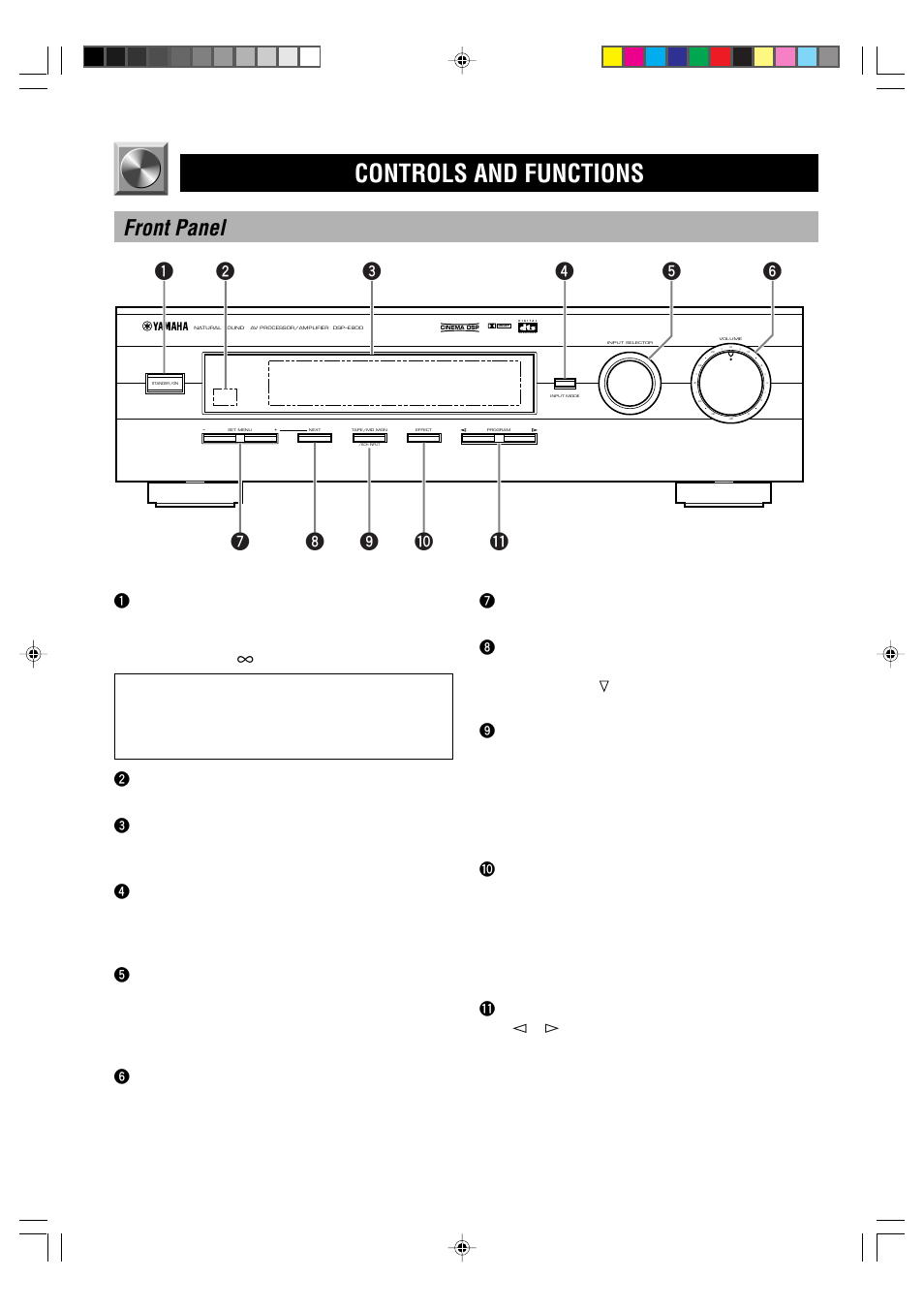 Controls and functions front panel, Controls and functions, Front panel | Yamaha DSP-E800 User Manual | Page 6 / 38