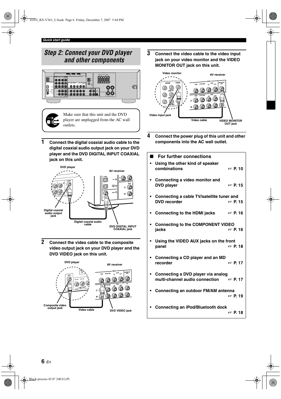 For further connections, Out (rec) in (play), Am gnd fm 75 unbal | Using the other kind of speaker combinations, P. 10 • connecting a video monitor and dvd player, P. 15 • connecting to the hdmi jacks, P. 16 • connecting to the component video jacks, P. 18 • connecting a cd player and an md recorder, P. 17 • connecting an outdoor fm/am antenna, P. 19 • connecting an ipod/bluetooth dock | Yamaha RX-V363 User Manual | Page 10 / 76