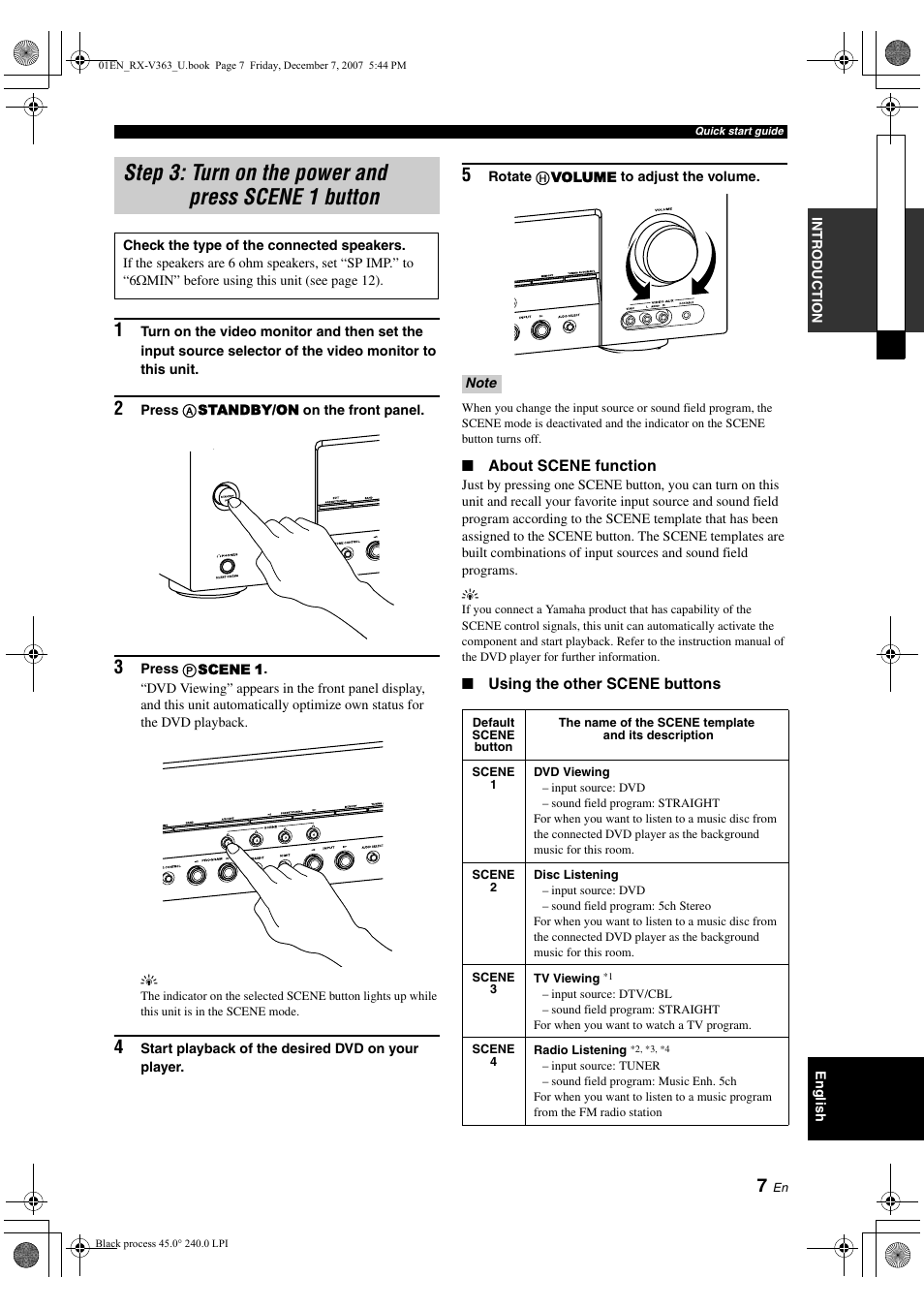 Step 3: turn on the power and press scene 1 button | Yamaha RX-V363 User Manual | Page 11 / 76