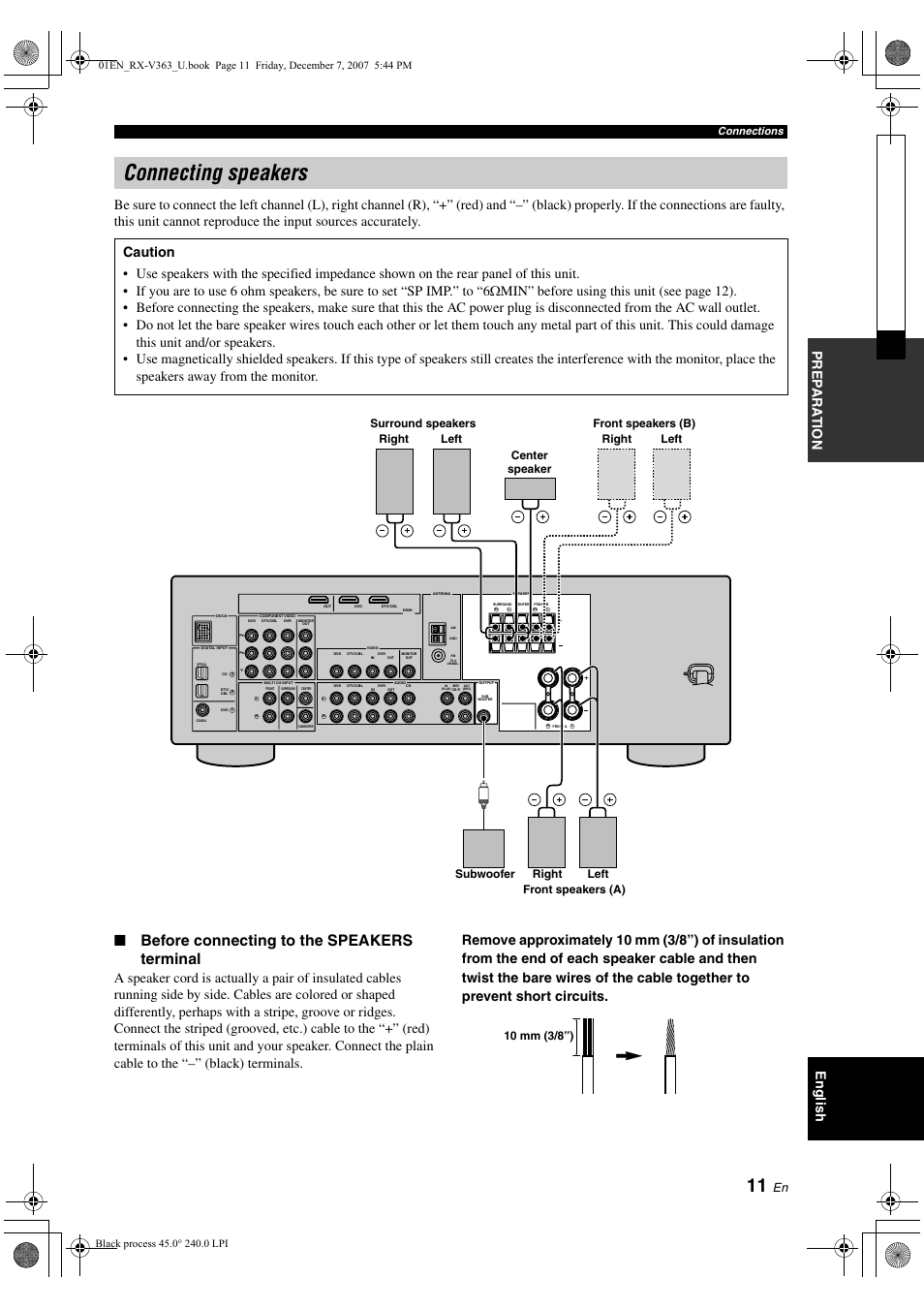 Connecting speakers, Before connecting to the speakers terminal, Connections | Yamaha RX-V363 User Manual | Page 15 / 76