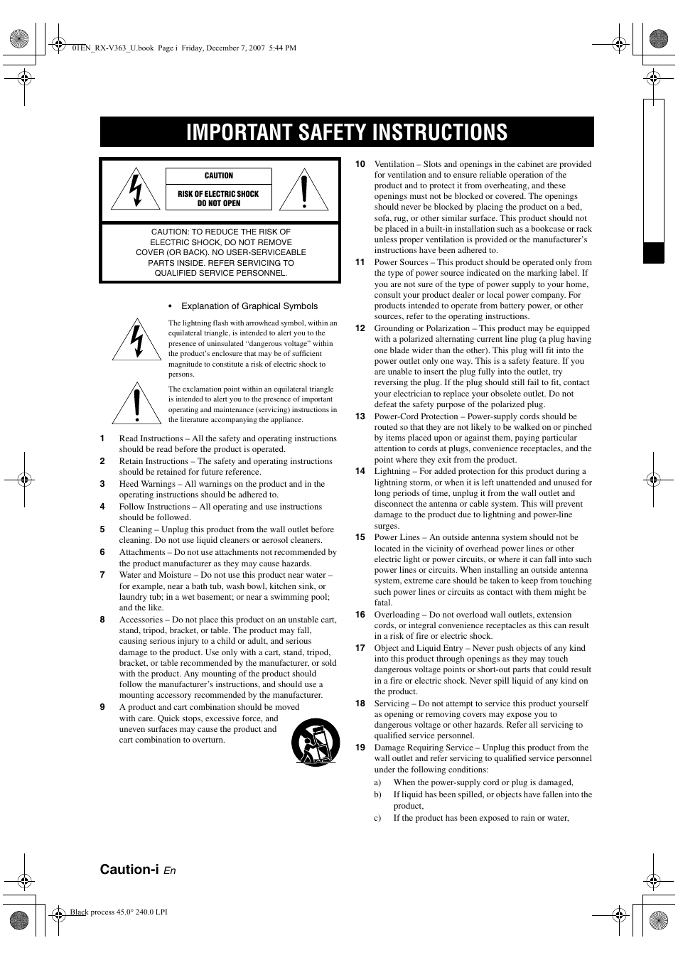 Important safety instructions, Caution-i | Yamaha RX-V363 User Manual | Page 2 / 76