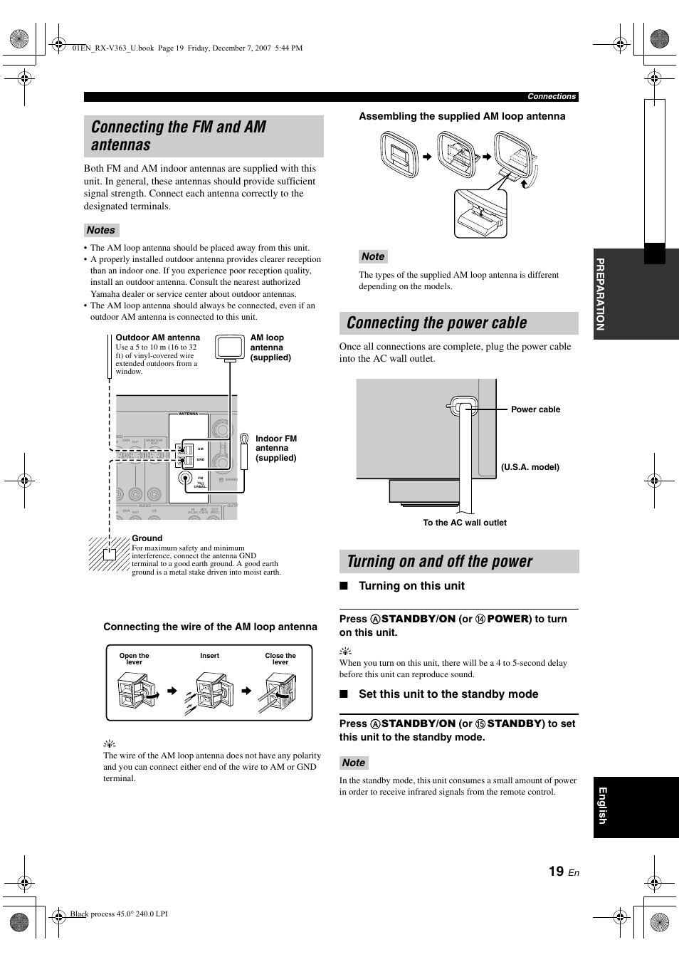 Connecting the fm and am antennas, Turning on this unit, Set this unit to the standby mode | Connecting the wire of the am loop antenna y, Assembling the supplied am loop antenna | Yamaha RX-V363 User Manual | Page 23 / 76