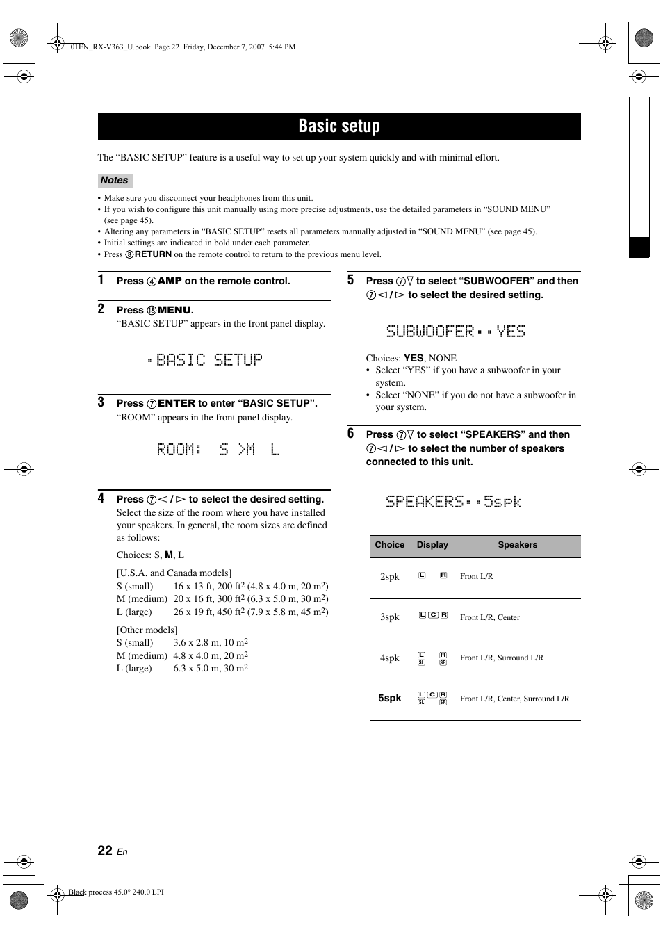 Basic setup, Room: s >m l, Subwoofer ..yes speakers spk | Yamaha RX-V363 User Manual | Page 26 / 76