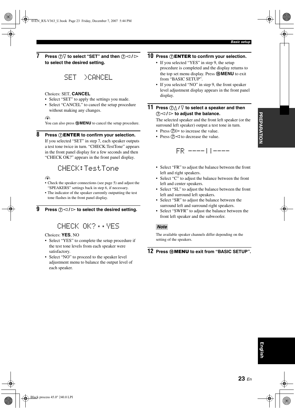 Set >cancel, Check:testtone check ok? ..yes | Yamaha RX-V363 User Manual | Page 27 / 76