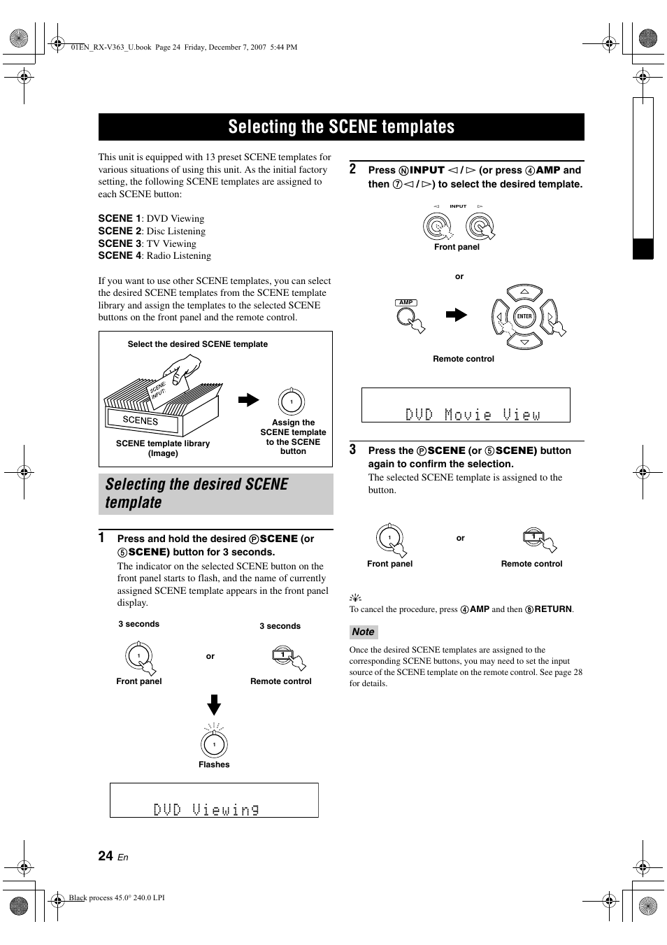 Selecting the scene templates, Selecting the desired scene template | Yamaha RX-V363 User Manual | Page 28 / 76