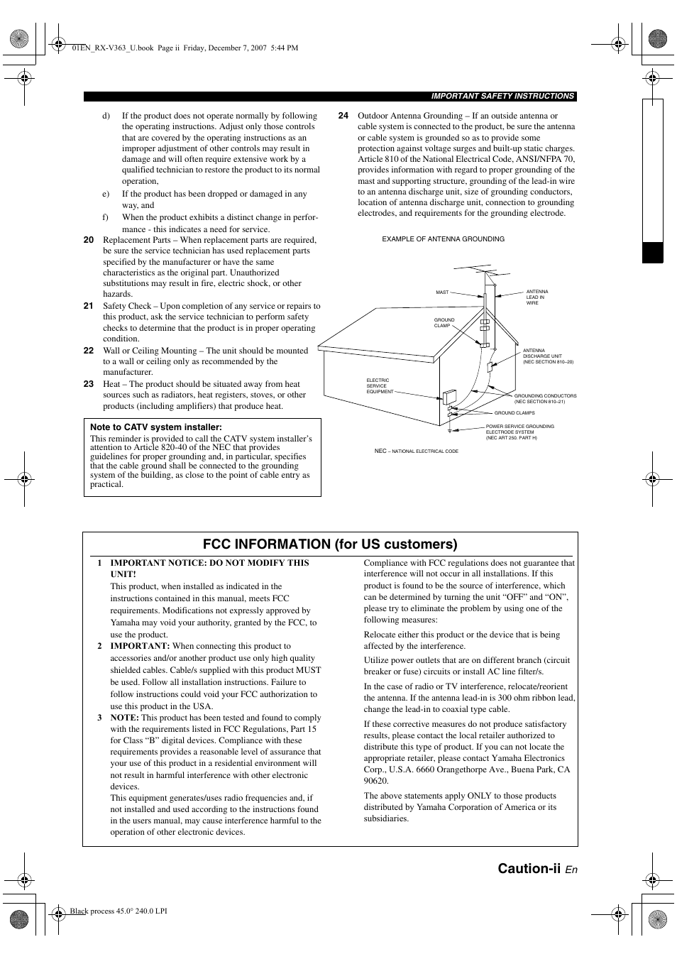 Caution-ii, Fcc information (for us customers) | Yamaha RX-V363 User Manual | Page 3 / 76