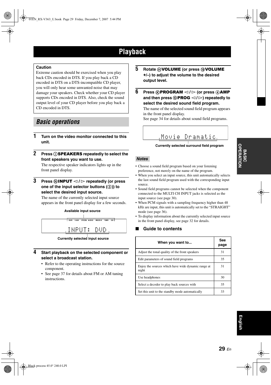 Playback, Basic operations input: dvd | Yamaha RX-V363 User Manual | Page 33 / 76