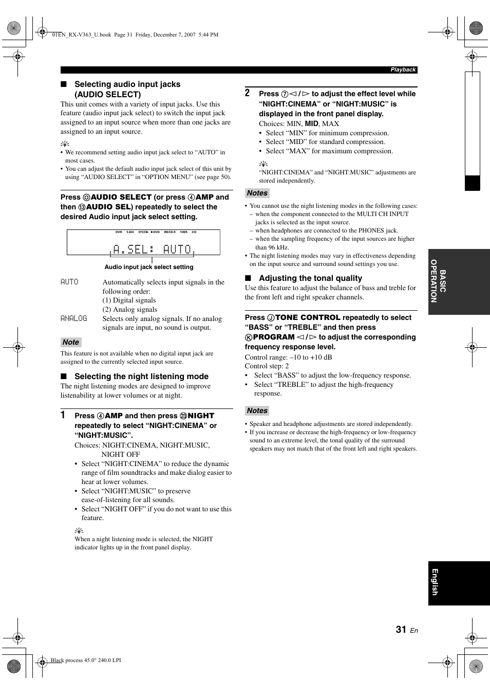 A.sel: auto | Yamaha RX-V363 User Manual | Page 35 / 76