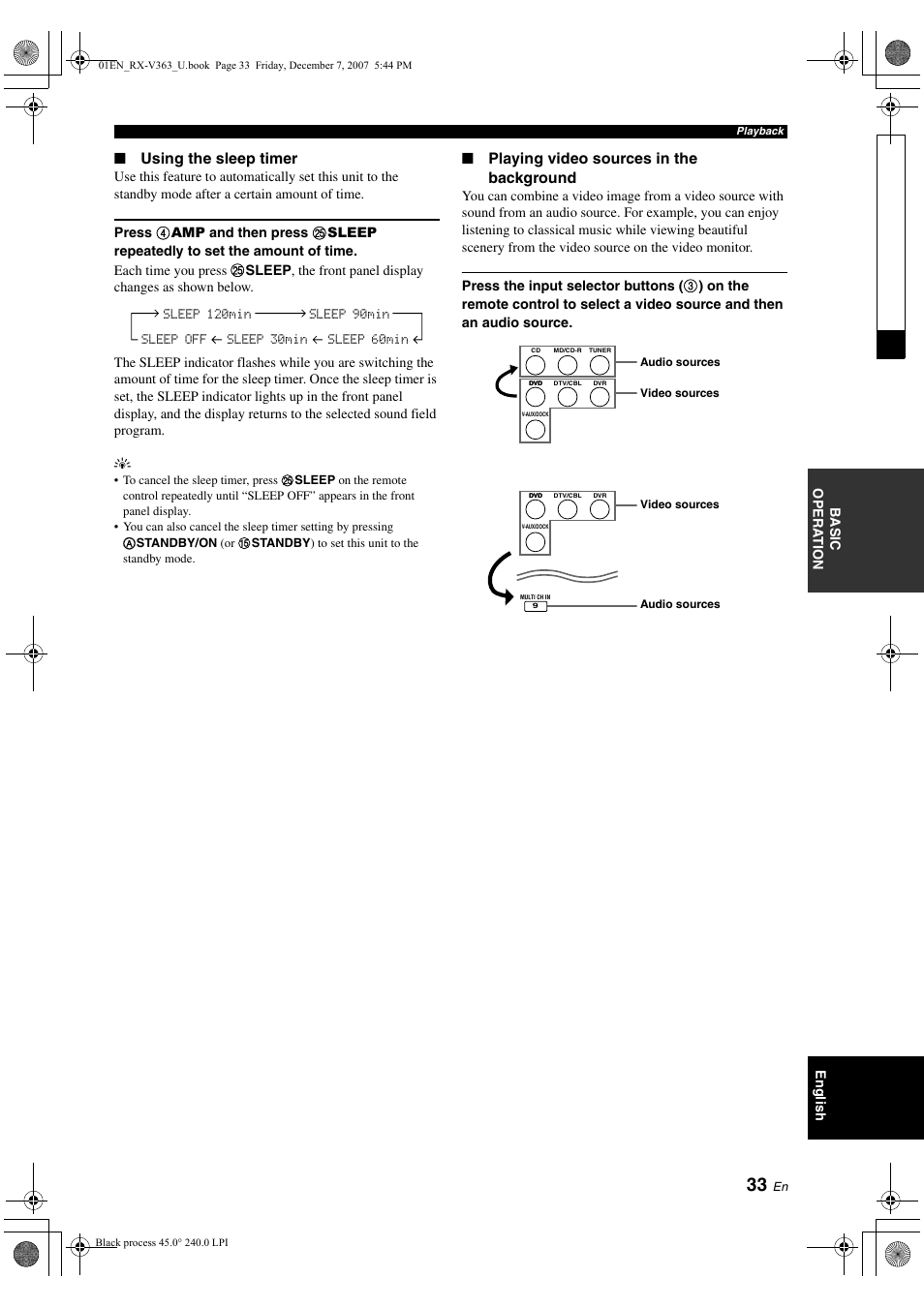 Using the sleep timer, Playing video sources in the background | Yamaha RX-V363 User Manual | Page 37 / 76